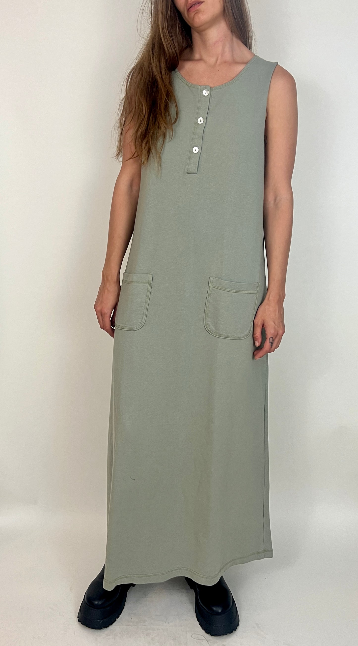 SLINKY COTTON GRUNGE MAXI DRESS, MOSS