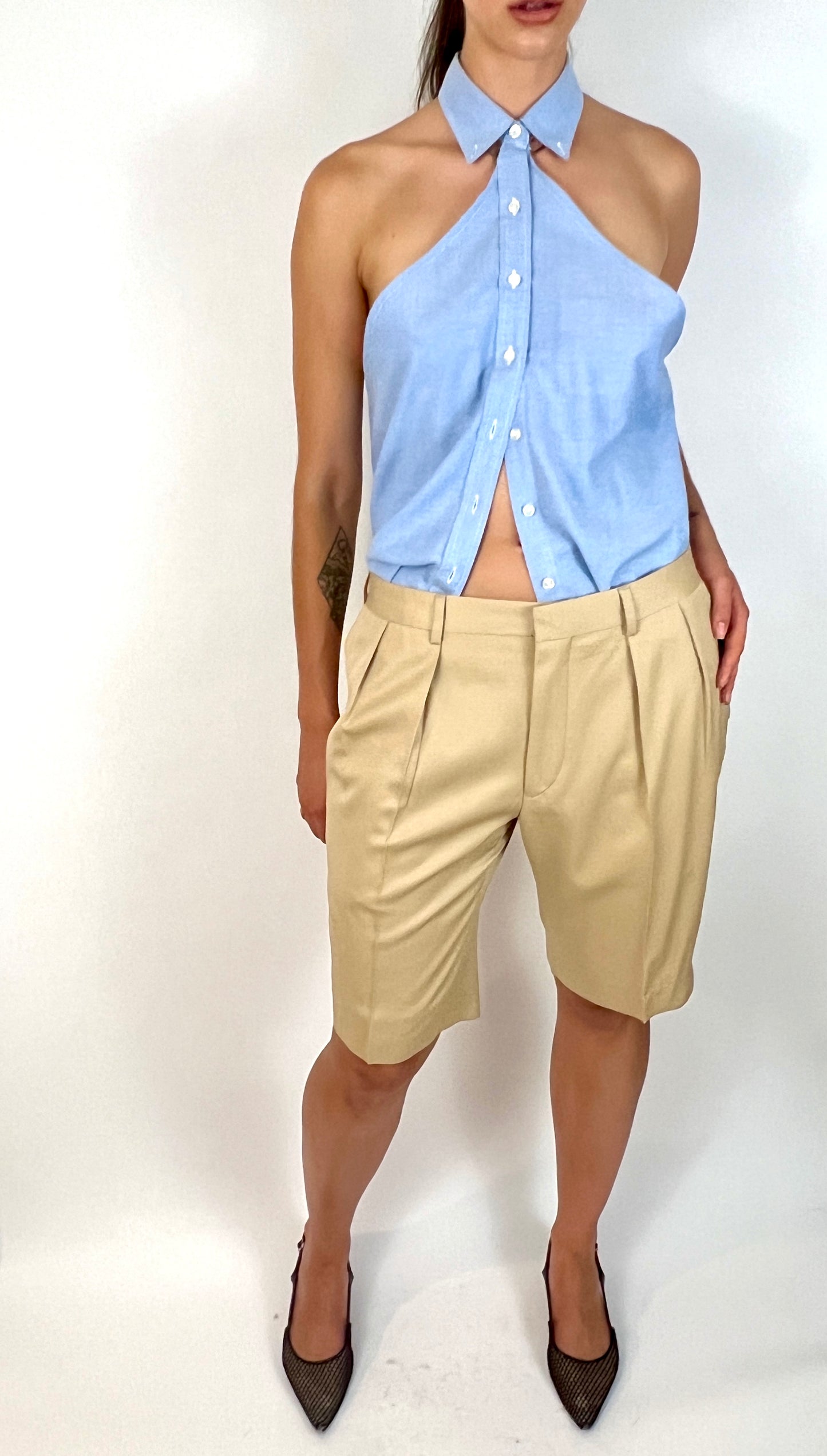 CUSTOM VTG COTTON OXFORD, SCALLOPED HALTER. BLUE SKY