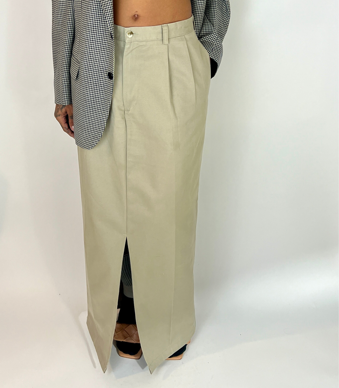 CUSTOM VTG COTTON TROUSER MAXI SKIRT, ALMOND