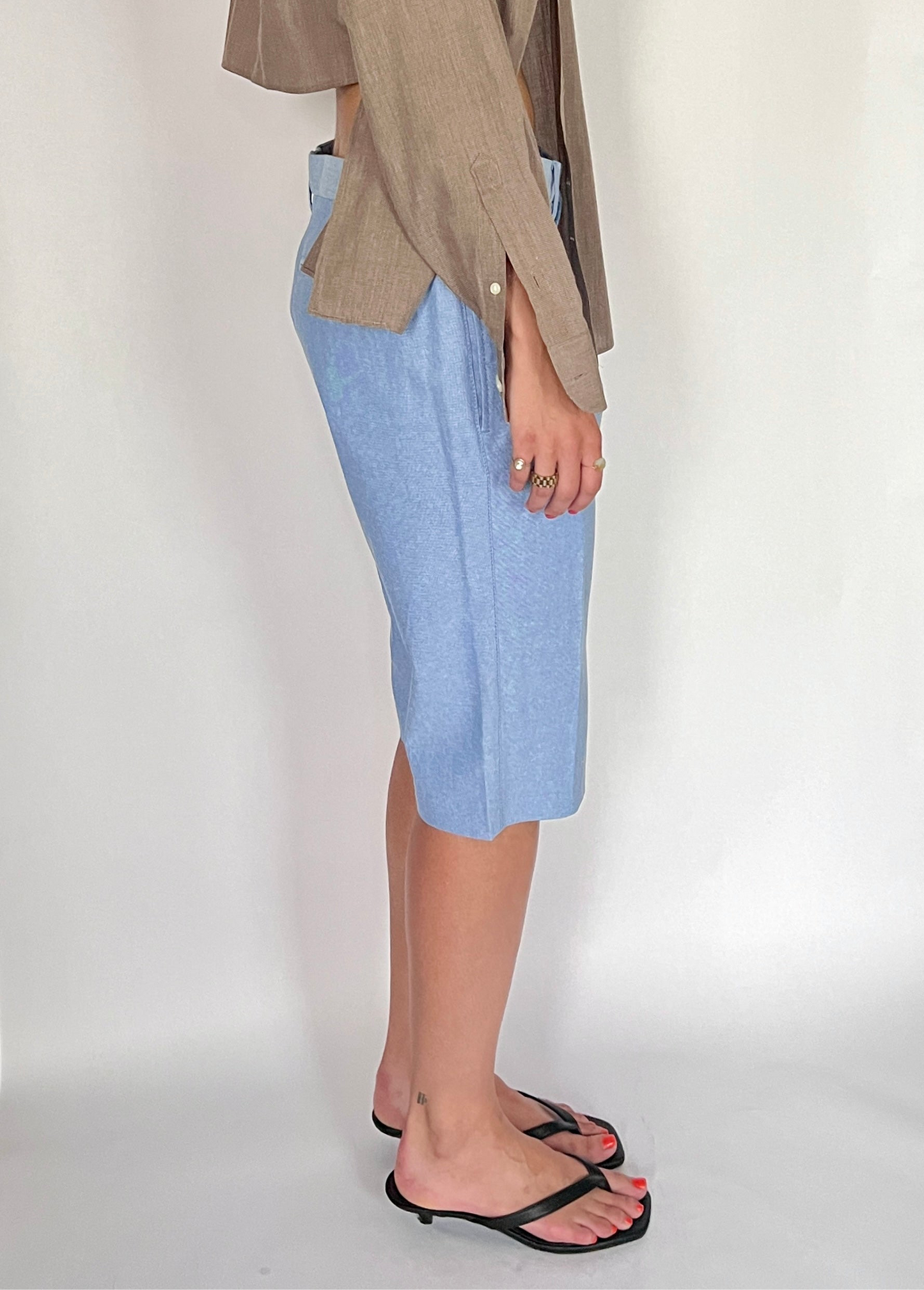 CUSTOM VTG COTTON PLEATED LONG SHORTS, SKY