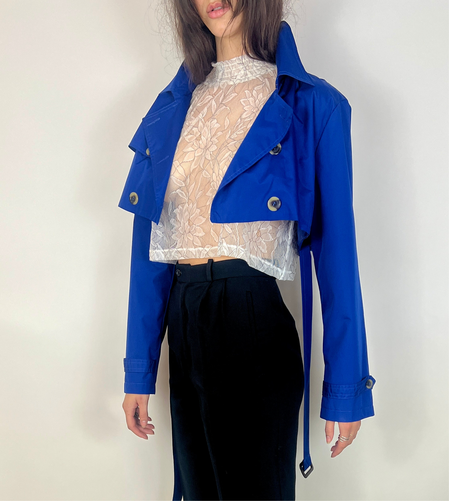 CUSTOM VTG OVERSIZED TRENCH, CROPPED JACKET. LAPIS