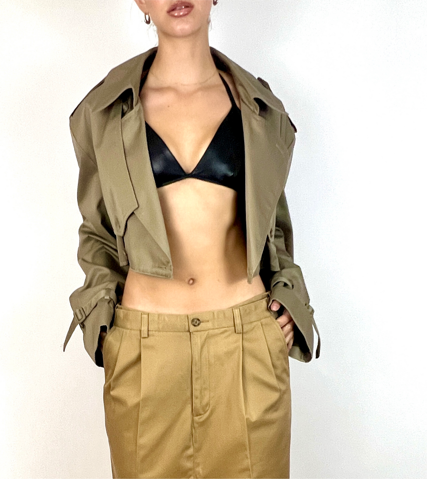 CUSTOM VTG OVERSIZED TRENCH, CROPPED JACKET. SAGE