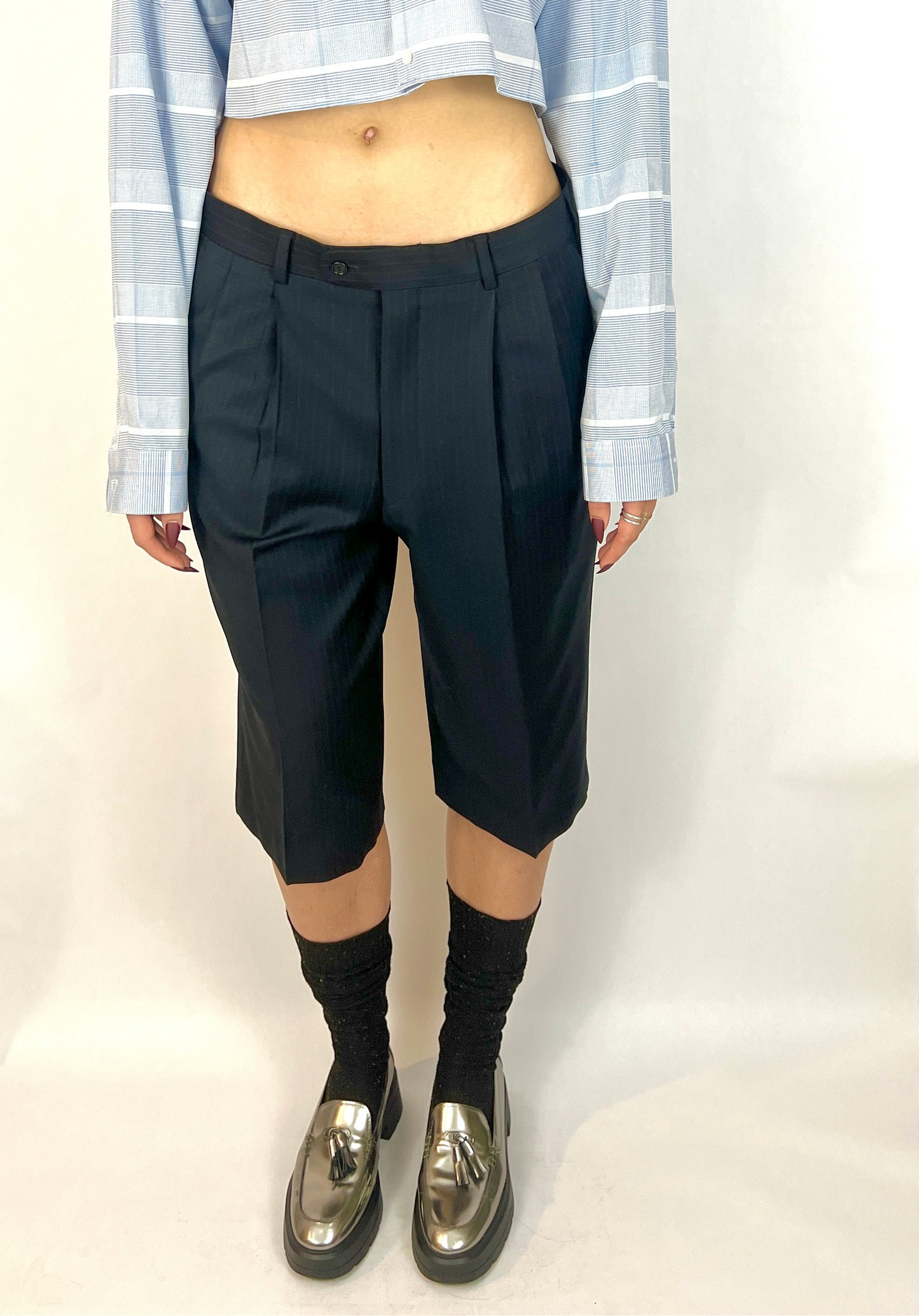 CUSTOM VTG WOOL PLEATED WIDE LEG SHORTS, CHAR STRIPE