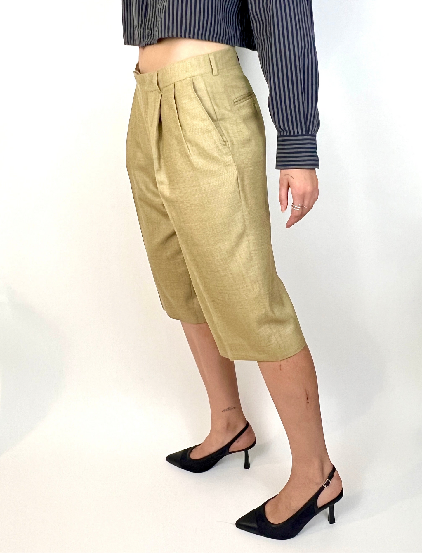 CUSTOM VTG WOOL PLEATED WIDE LEG SHORTS, BEIGE WEAVE