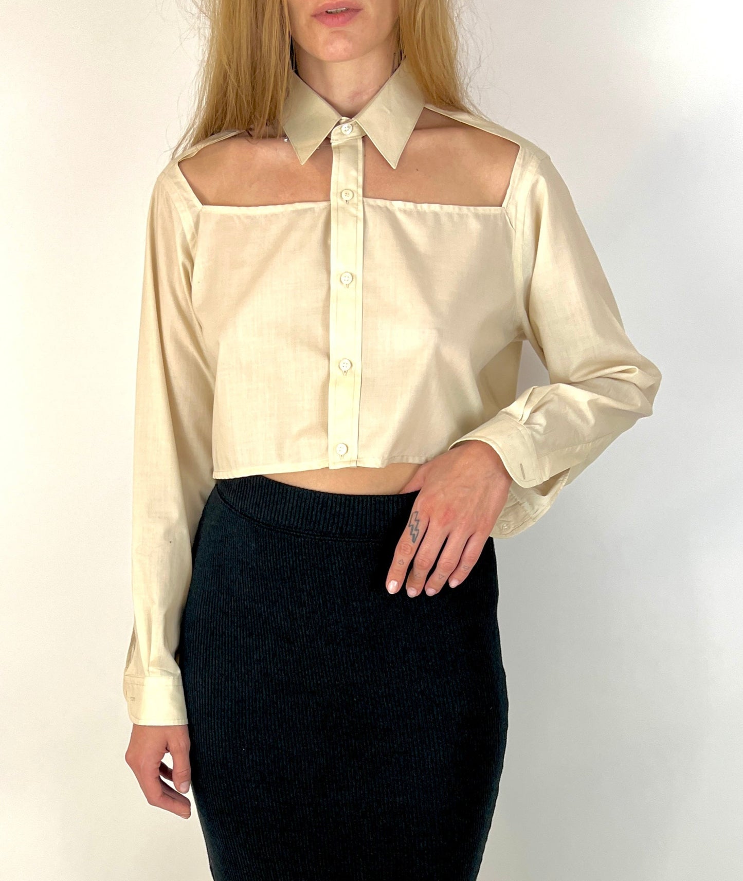 CUSTOM VTG YSL, CUSTARD. CUT-OUT COLLAR, CROPPED