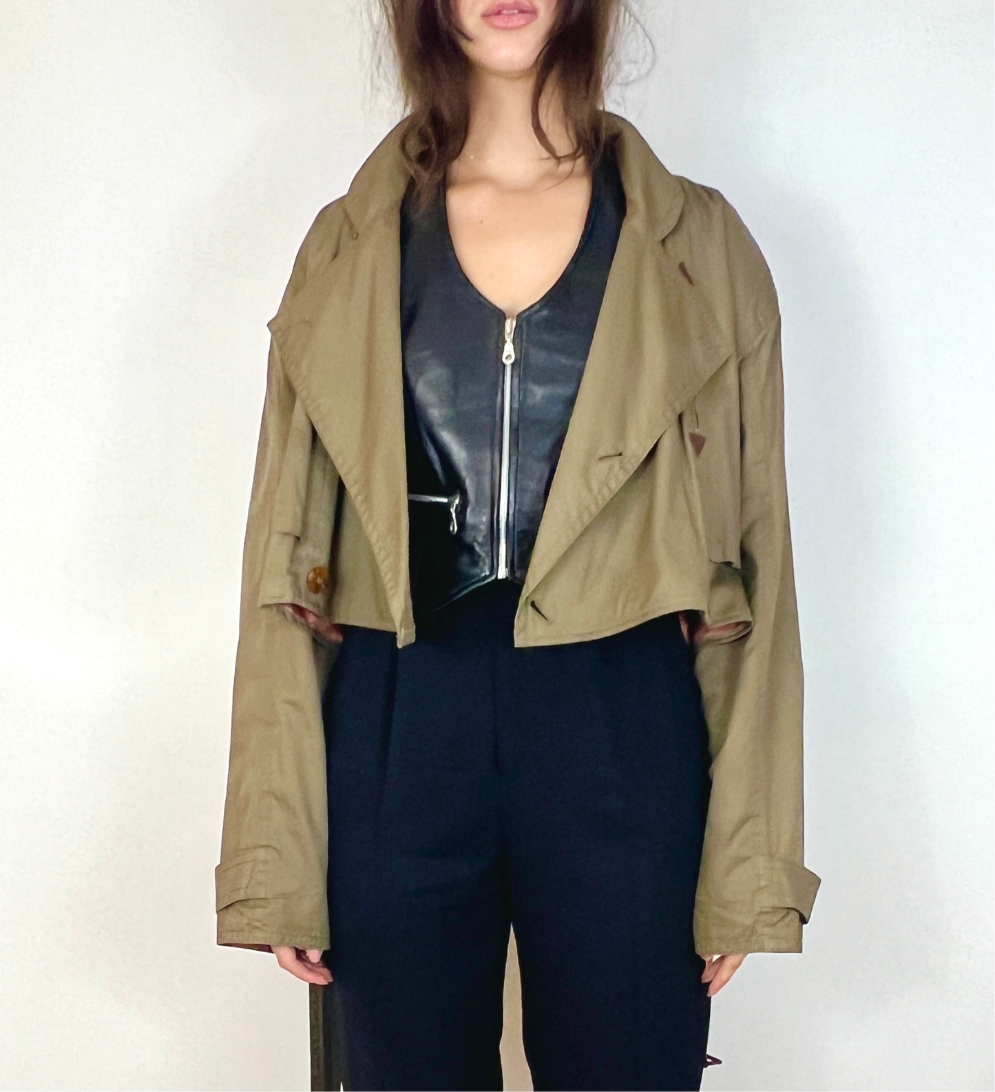 CUSTOM VTG OVERSIZED TRENCH, CROPPED JACKET. ARTICHOKE