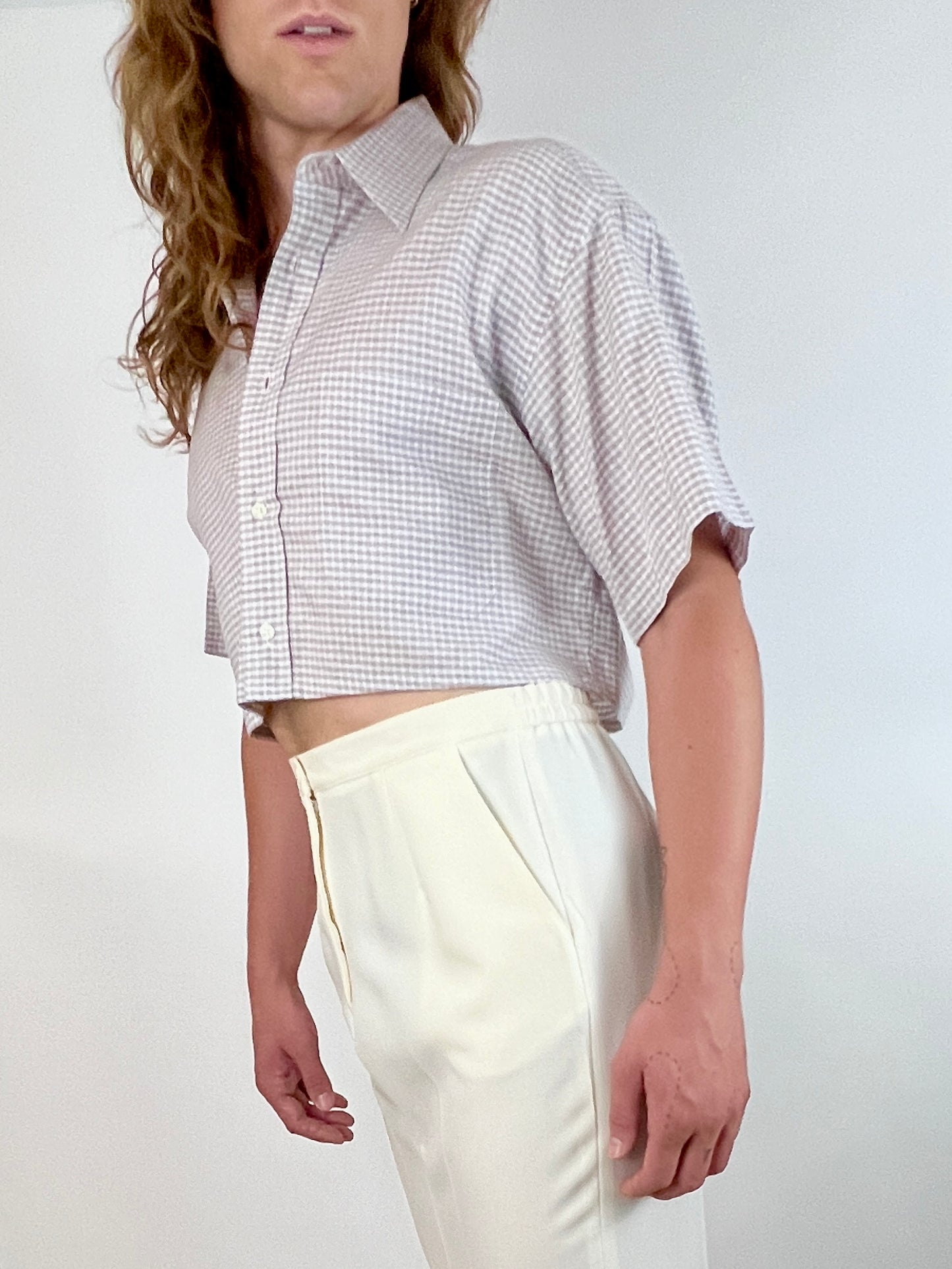 CUSTOM VTG CHRISTIAN DIOR OXFORD, SS BEIGE MICRO PLAID.  CROPPED