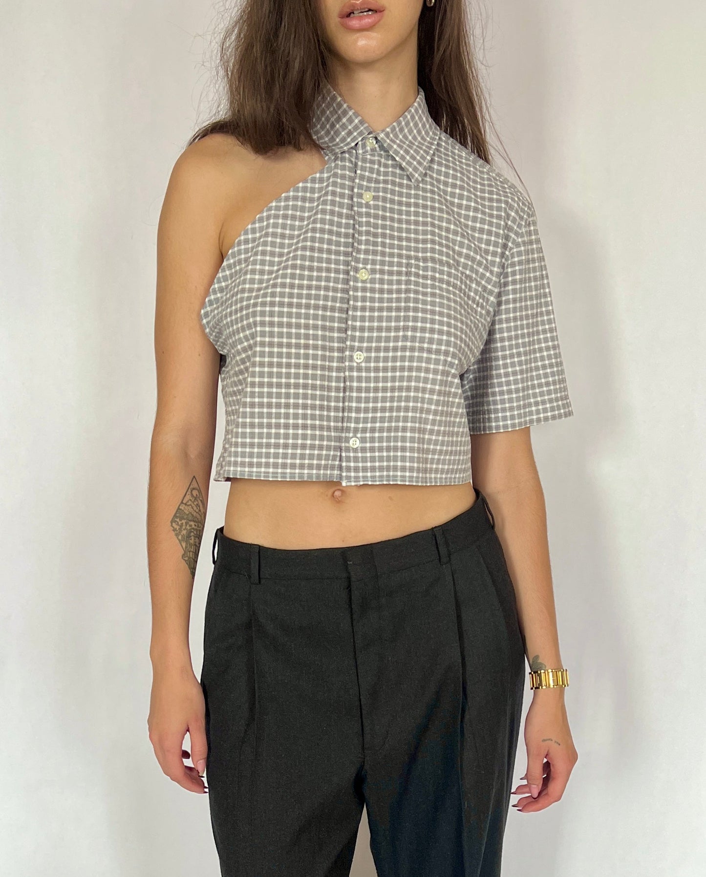 CUSTOM VTG COTTON OXFORD, GRAY PLAID.  CROPPED, ONE SHOULDER.