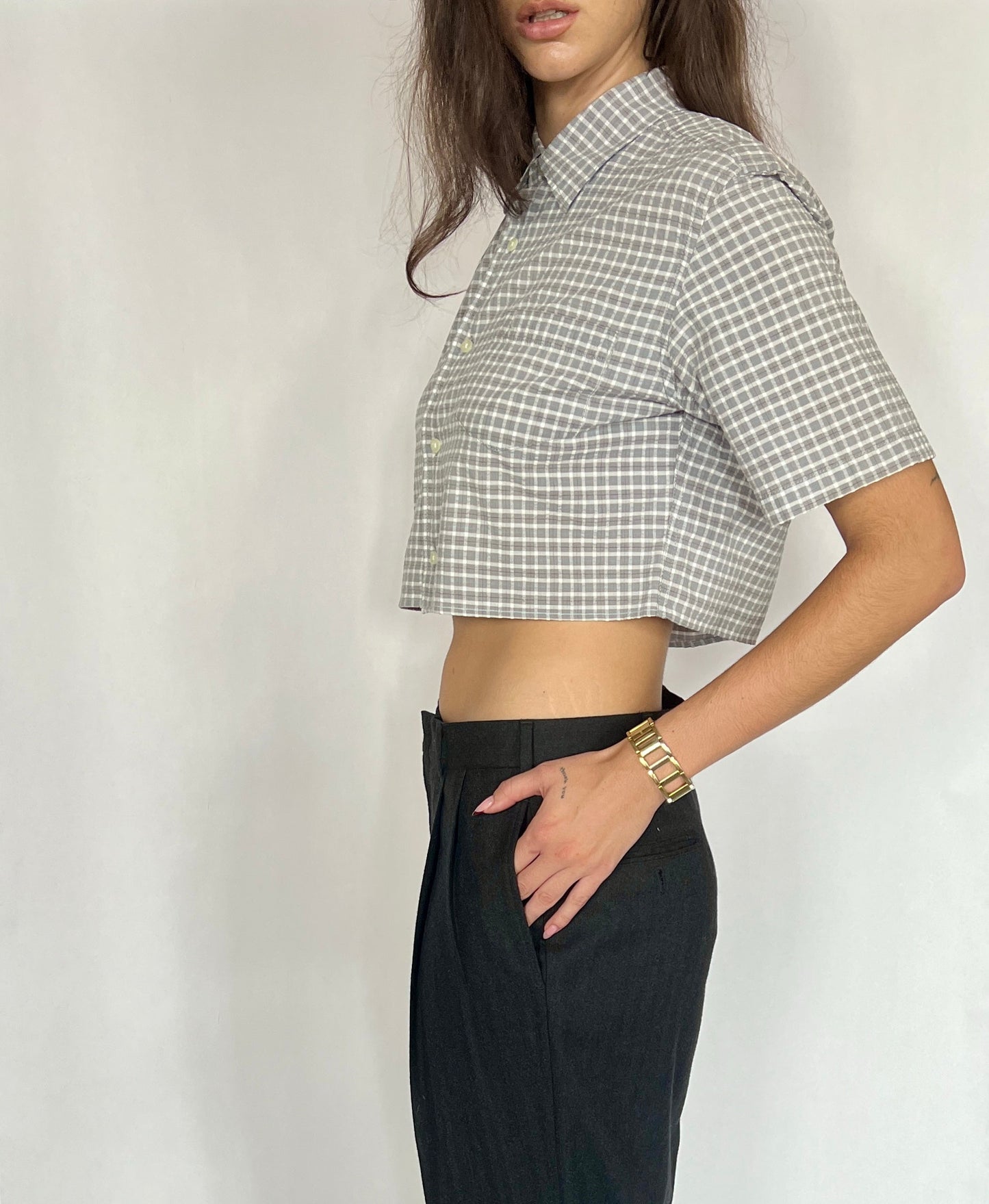 CUSTOM VTG COTTON OXFORD, GRAY PLAID.  CROPPED, ONE SHOULDER.