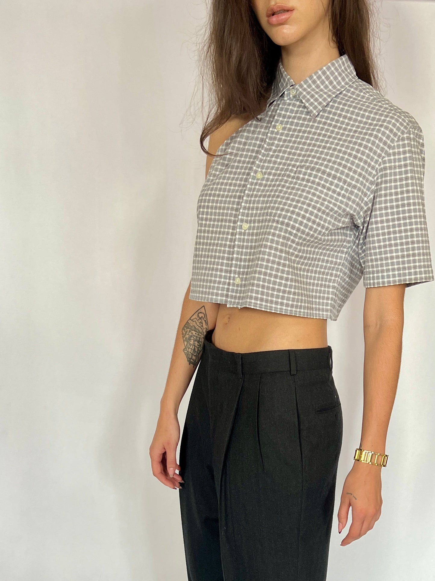 CUSTOM VTG COTTON OXFORD, GRAY PLAID.  CROPPED, ONE SHOULDER.