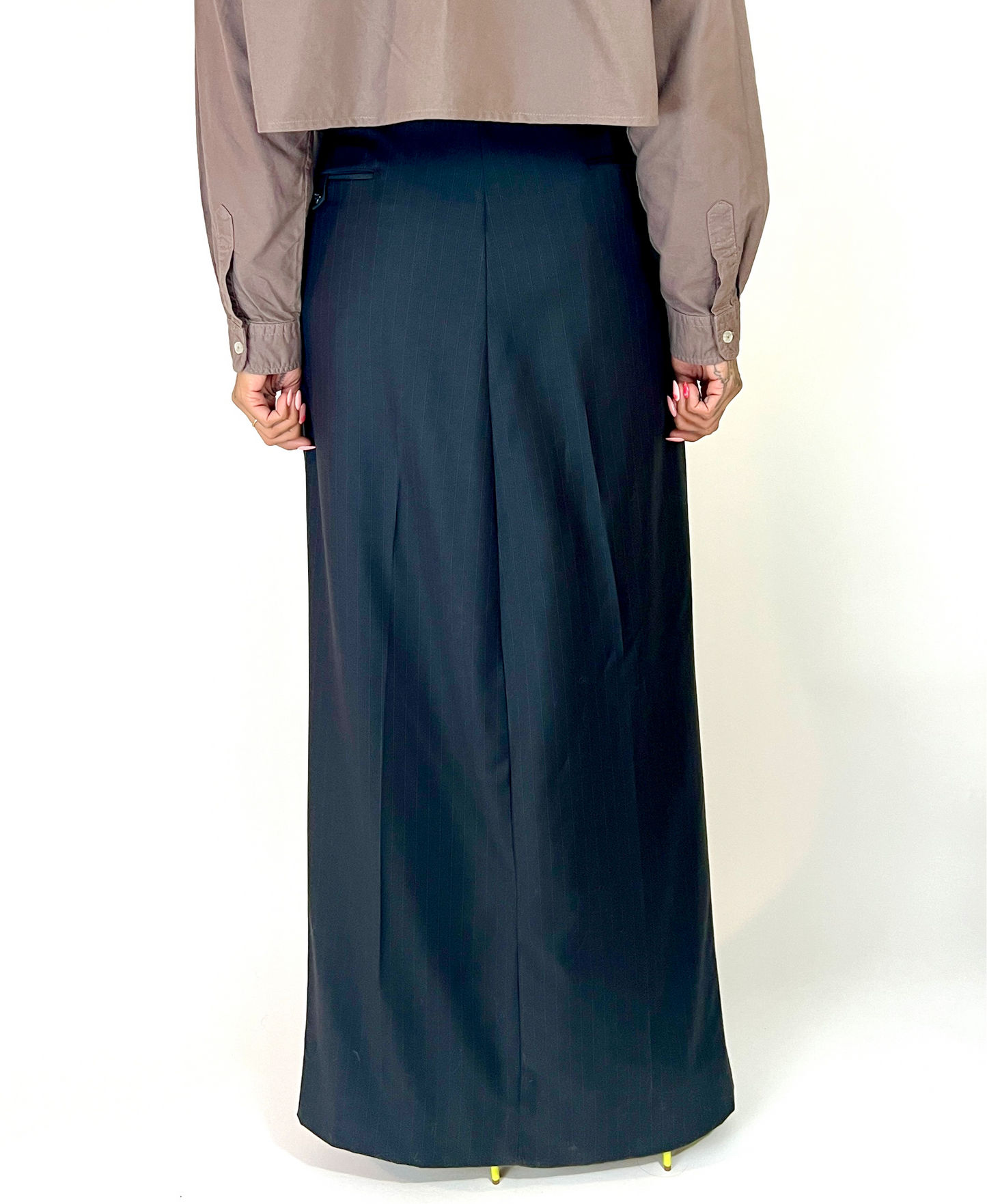 CUSTOM VTG WOOL TROUSER MAXI SKIRT, DEEP GRAY PINSTRIPE