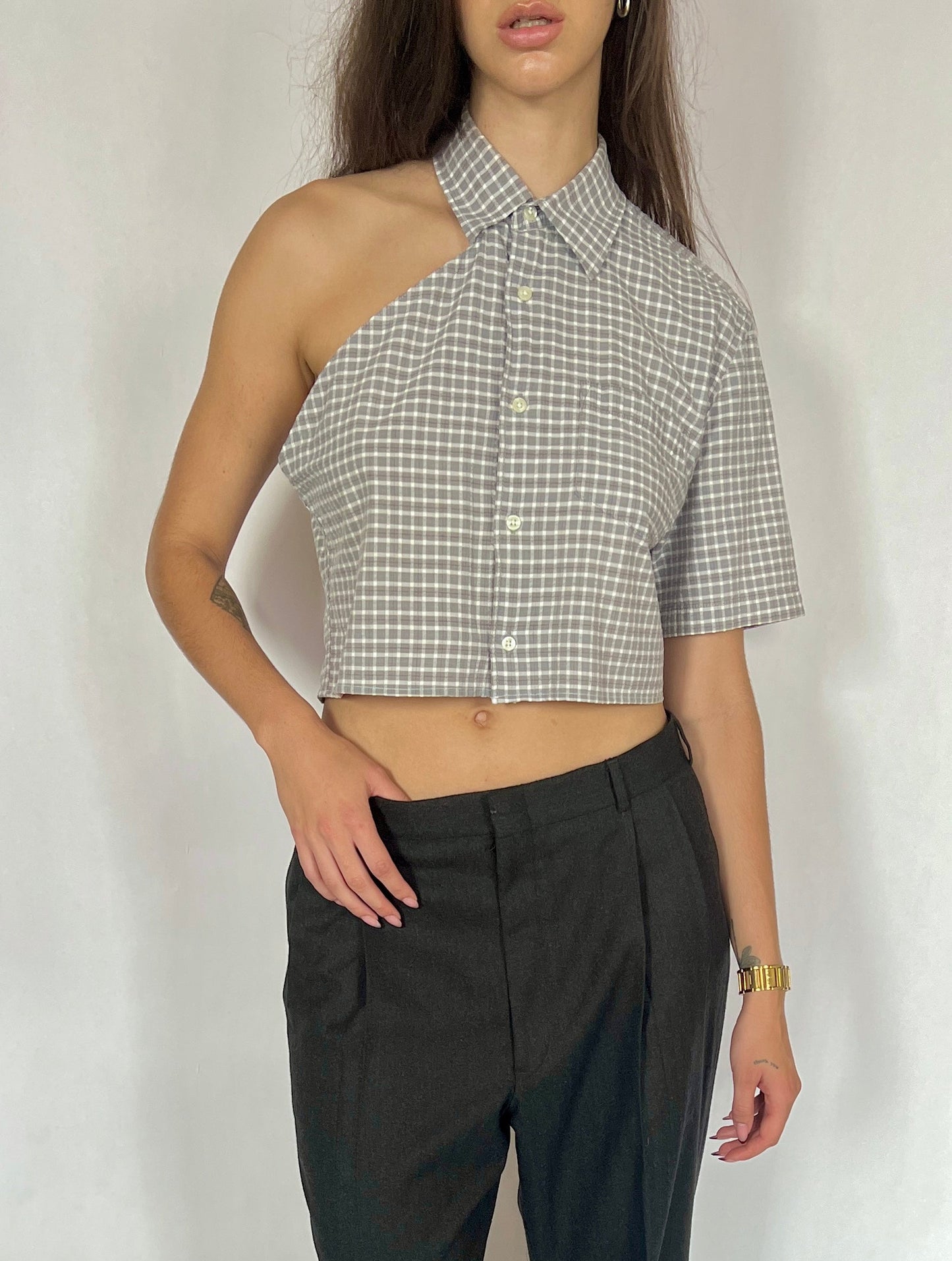 CUSTOM VTG COTTON OXFORD, GRAY PLAID.  CROPPED, ONE SHOULDER.