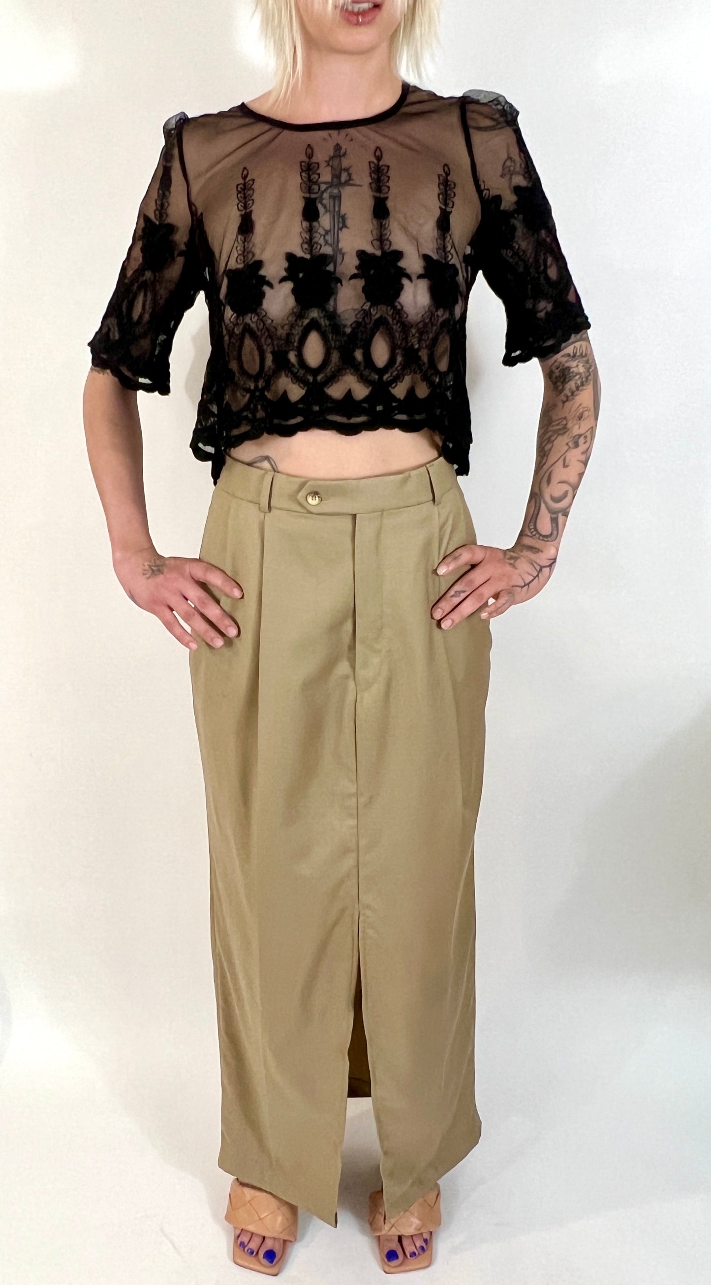 CUSTOM VTG COTTON TROUSER MAXI SKIRT, SAND