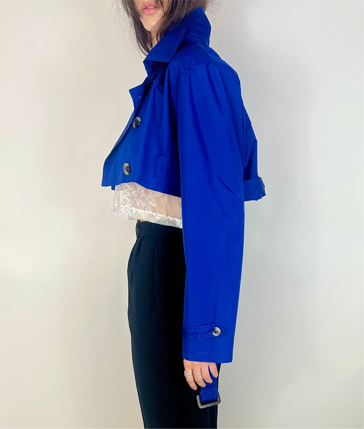 CUSTOM VTG OVERSIZED TRENCH, CROPPED JACKET. LAPIS