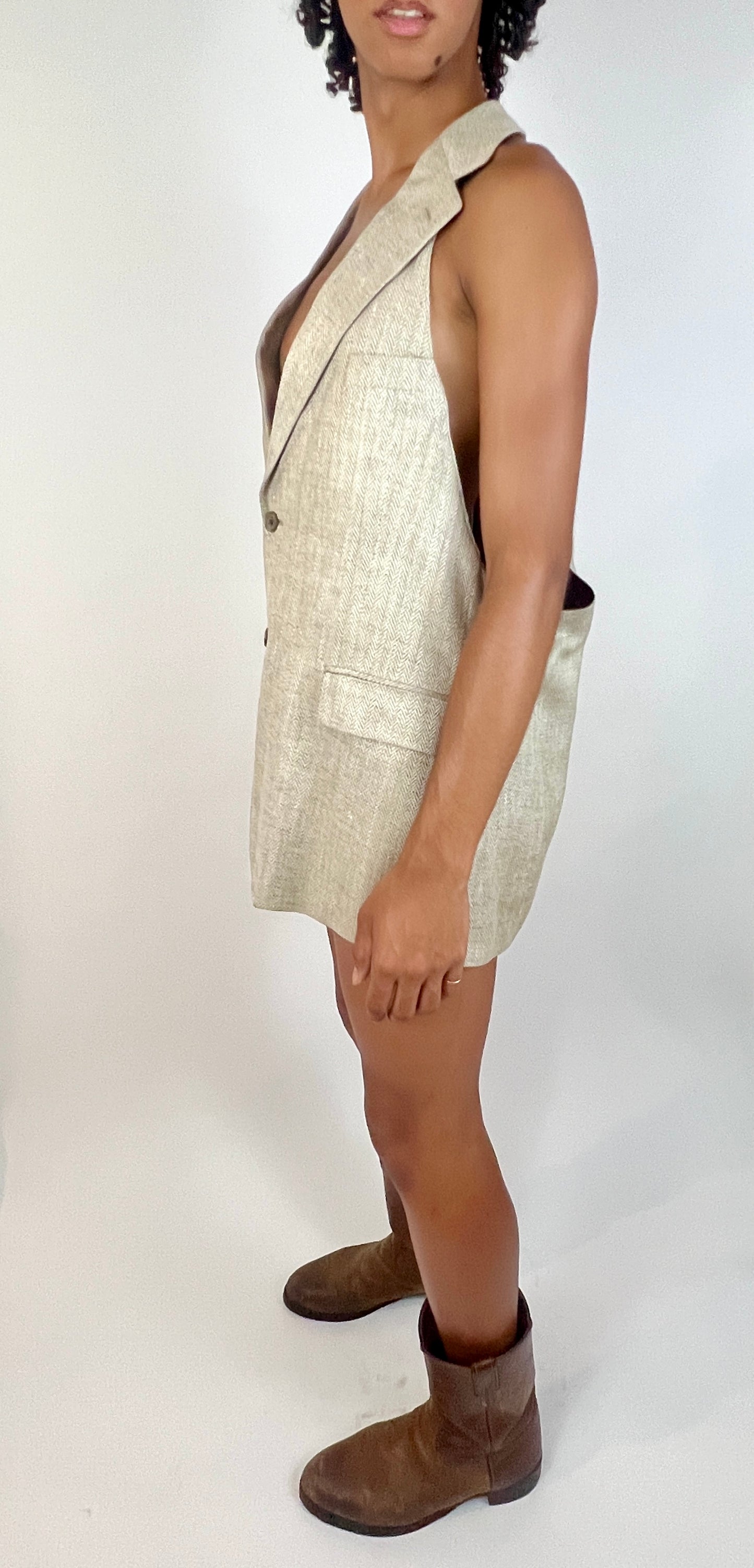 CUSTOM VTG SILK OVERSIZED VEST, DRESS, BEIGE CHEVRON WEAVE