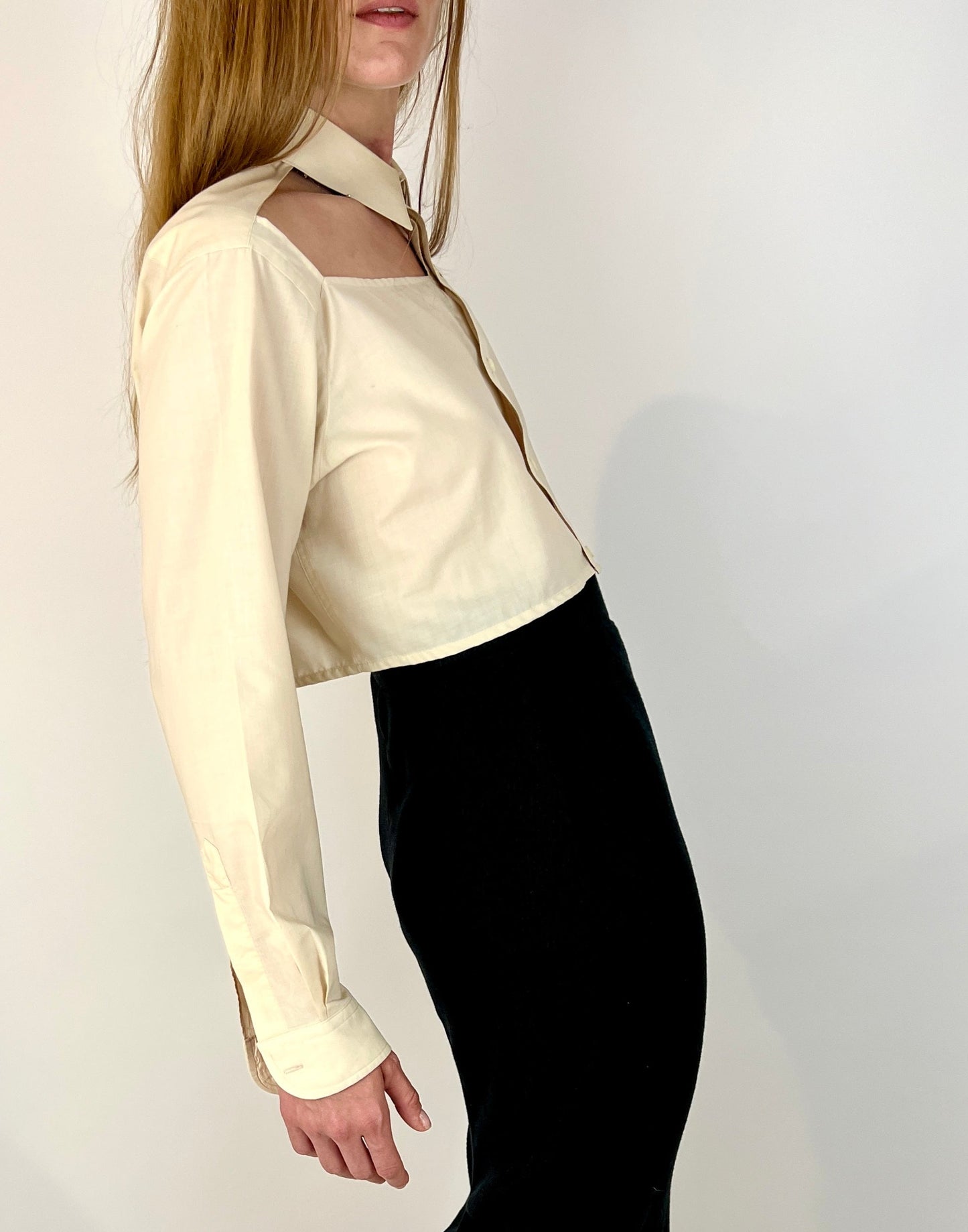 CUSTOM VTG YSL, CUSTARD. CUT-OUT COLLAR, CROPPED