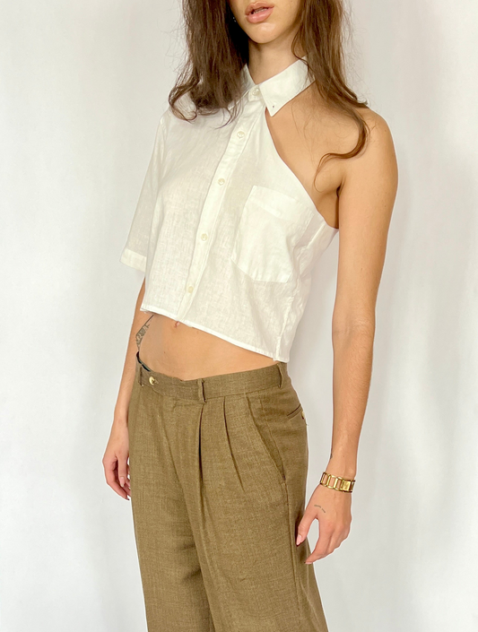 CUSTOM VTG LINEN OXFORD, ICE.  CROPPED, ONE SHOULDER