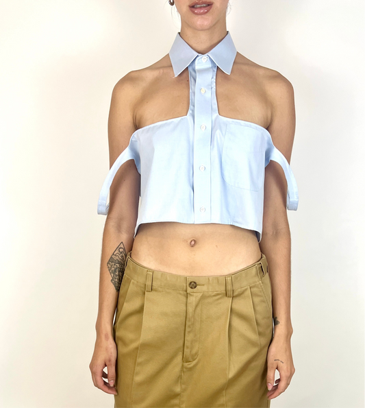 CUSTOM VTG COTTON OXFORD, HALTER TANK. BLUE SKY