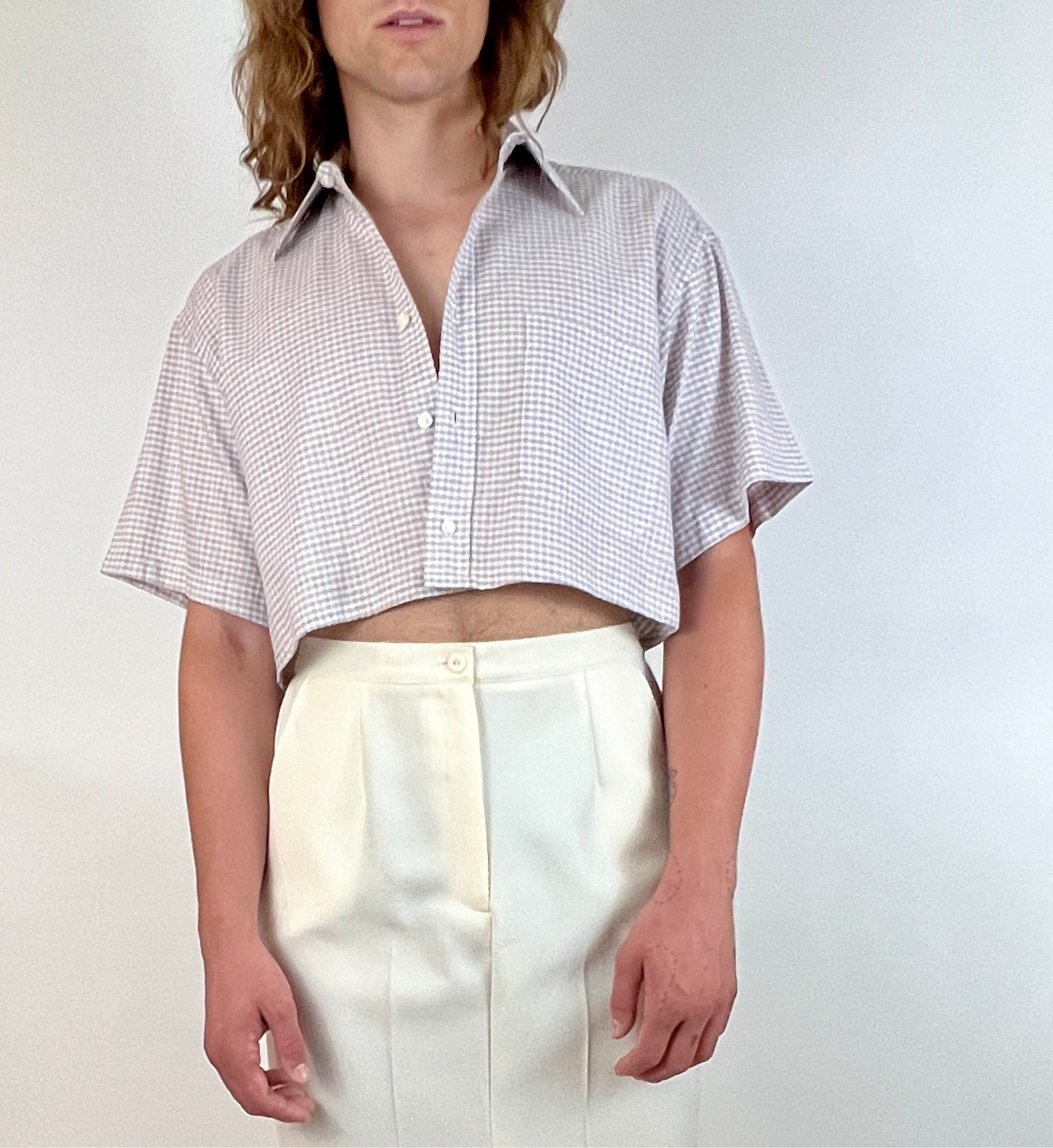 CUSTOM VTG CHRISTIAN DIOR OXFORD, SS BEIGE MICRO PLAID.  CROPPED