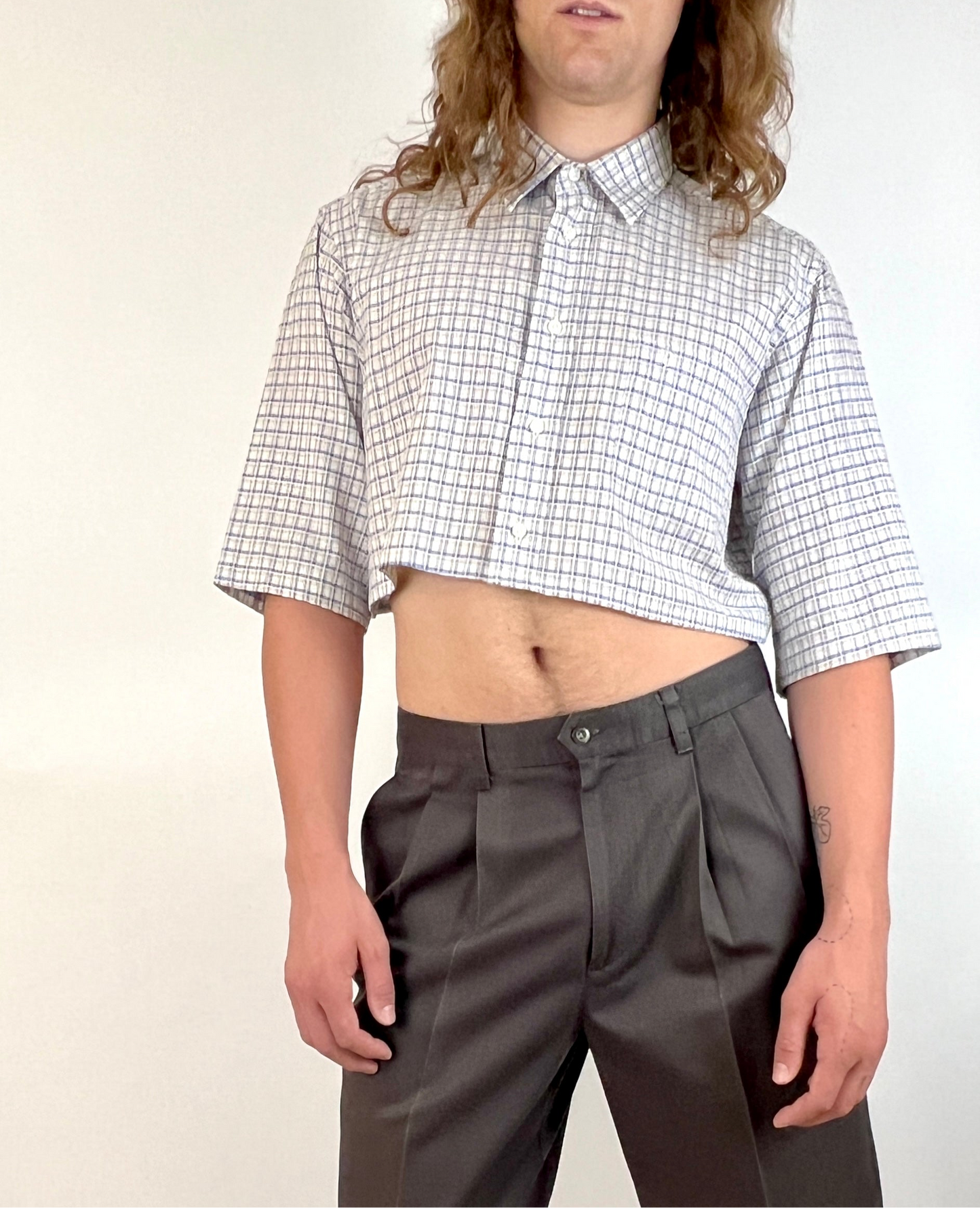 CUSTOM VTG CHRISTIAN DIOR OXFORD, SS BLUE/BROWN PLAID.  CROPPED