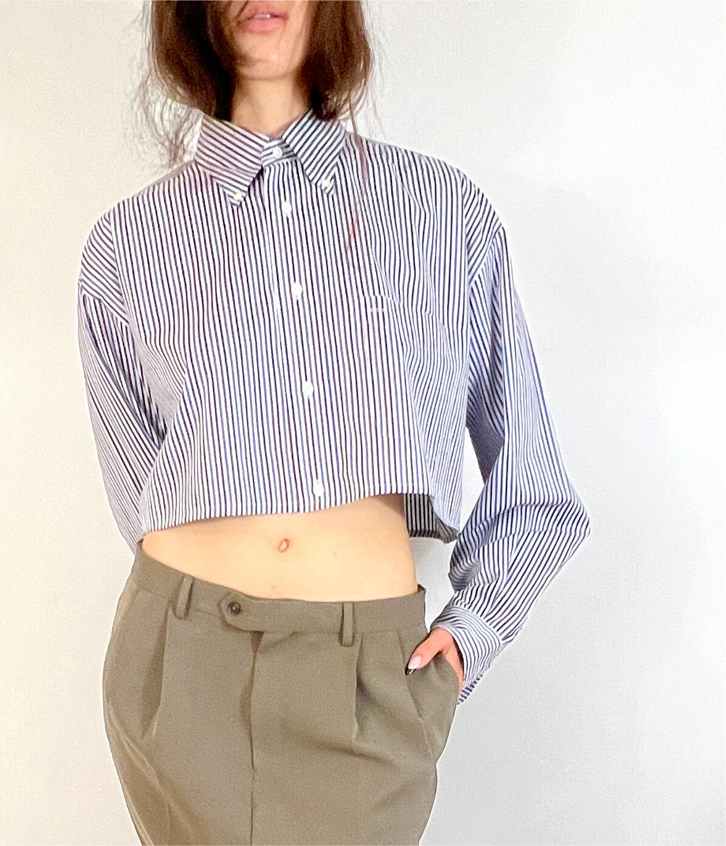 CUSTOM VTG COTTON OXFORD, BLUE & BROWN STRIPE. CROPPED