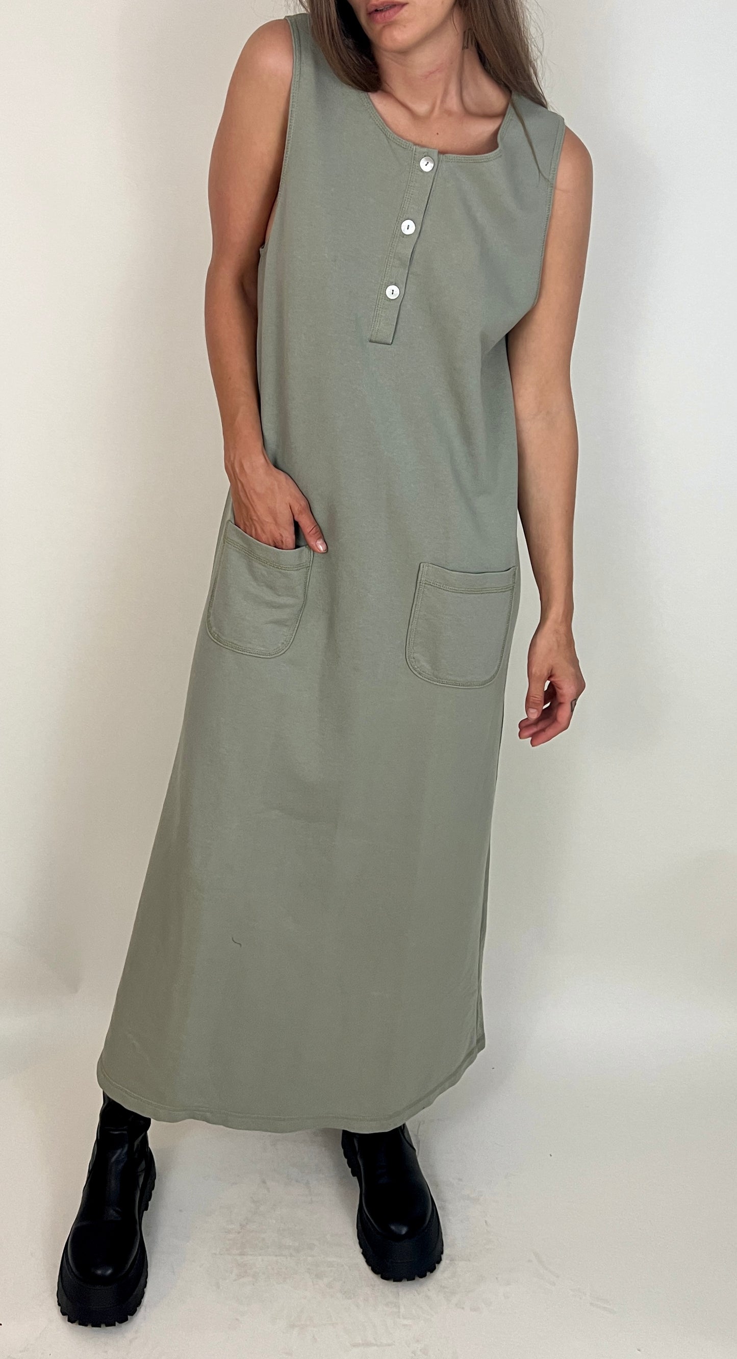 SLINKY COTTON GRUNGE MAXI DRESS, MOSS