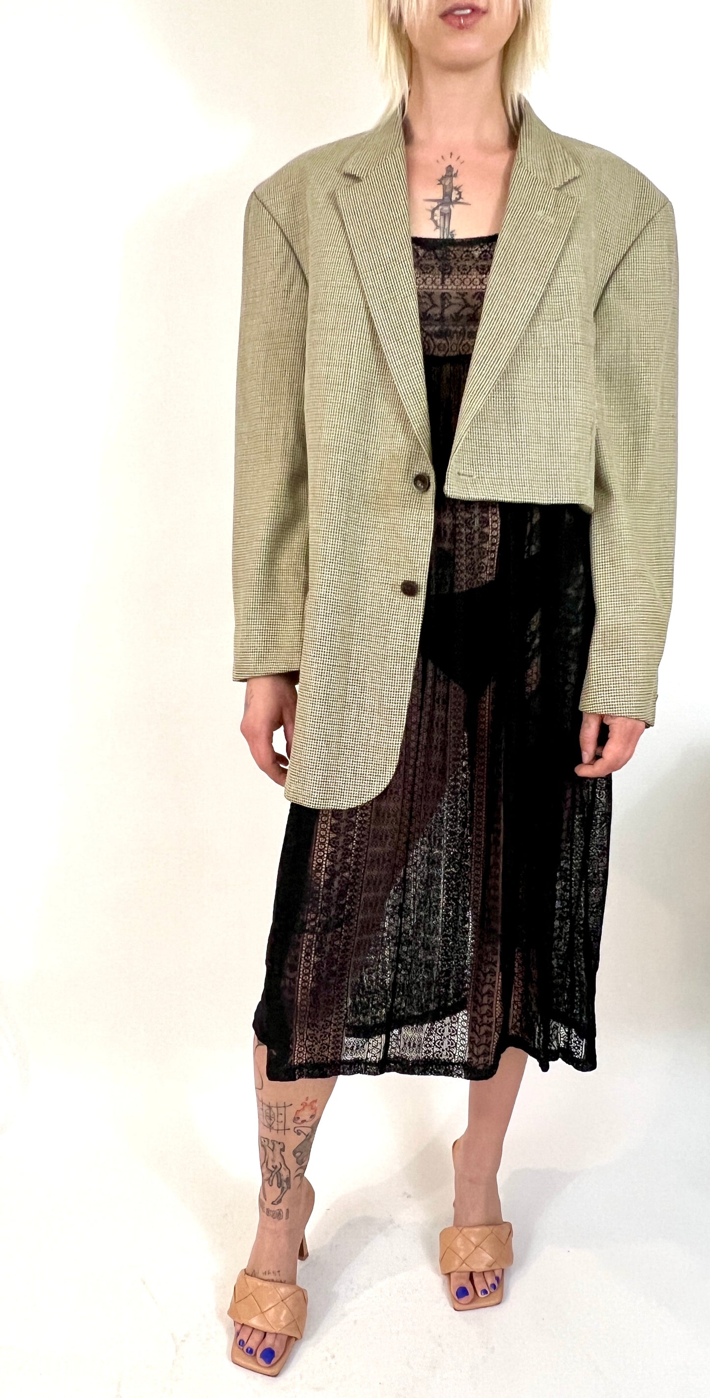 CUSTOM VTG OVERSIZED SILK BLAZER, BEIGE/BLACK HOUNDSTOOTH. 1/2 CROP