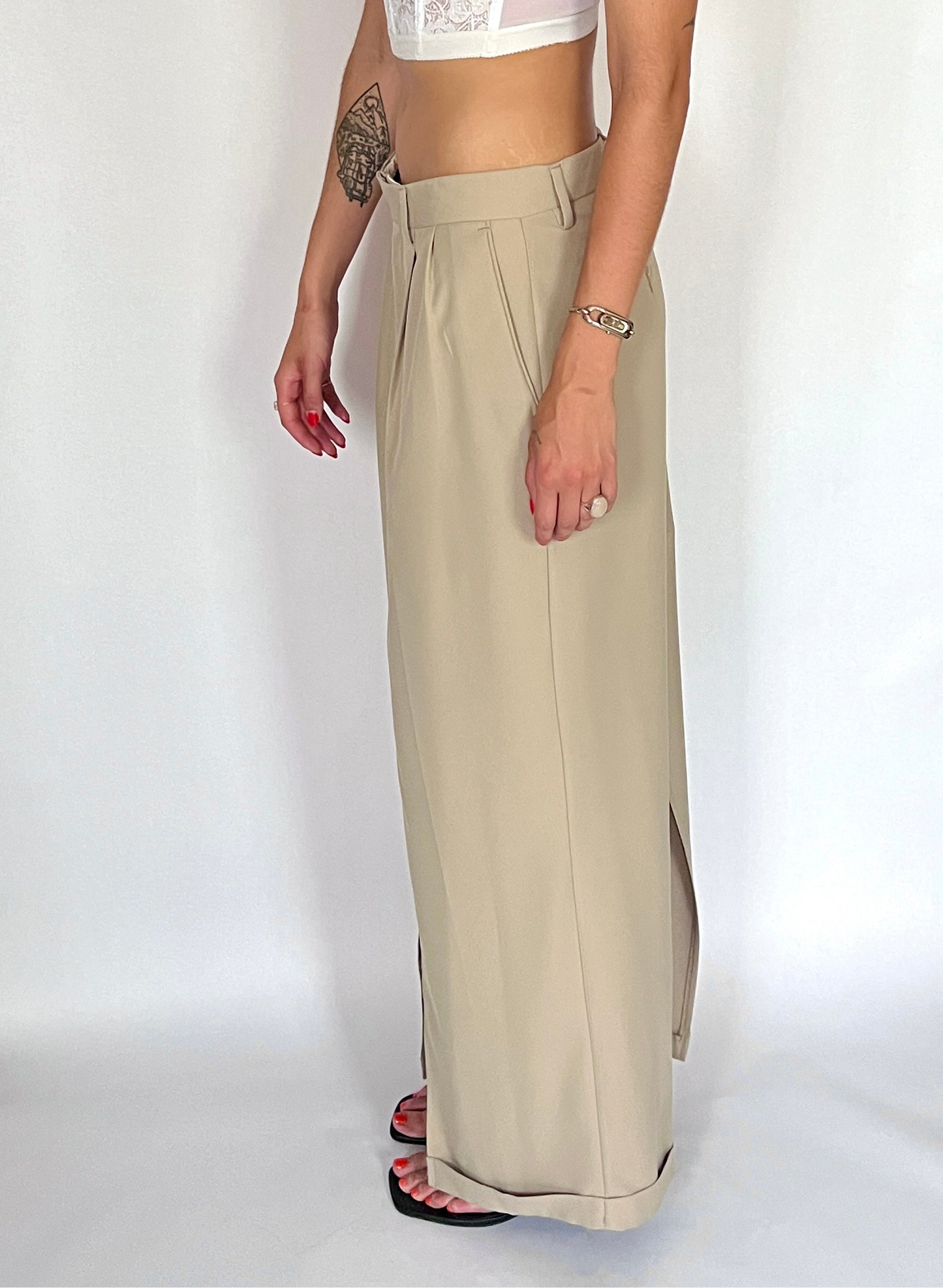 CUSTOM VTG COTTON & SILK TROUSER MAXI SKIRT, LATTE