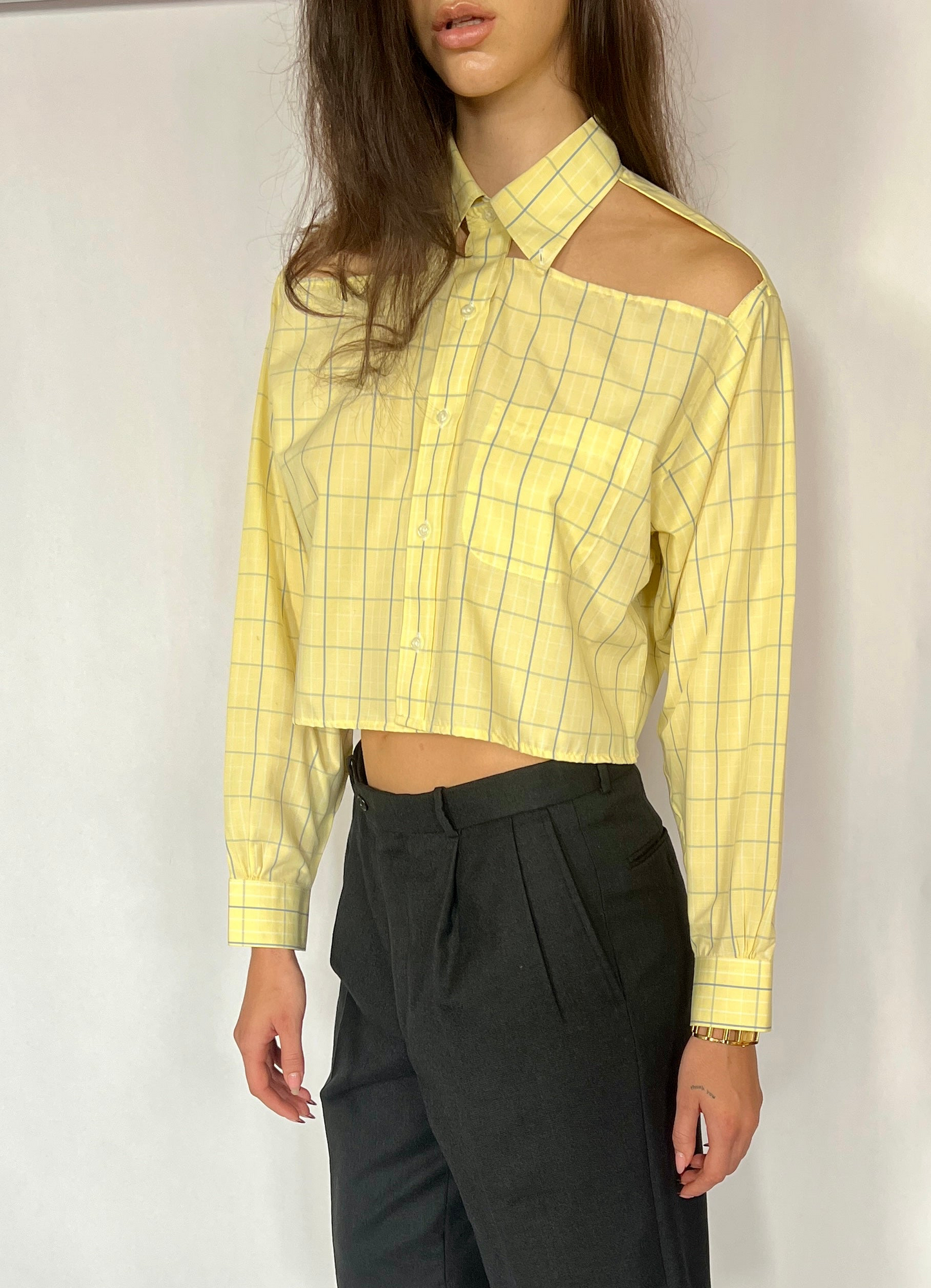 CUSTOM VTG COTTON OXFORD, FOLIAGE.  CROPPED, CUT-OUT COLLAR