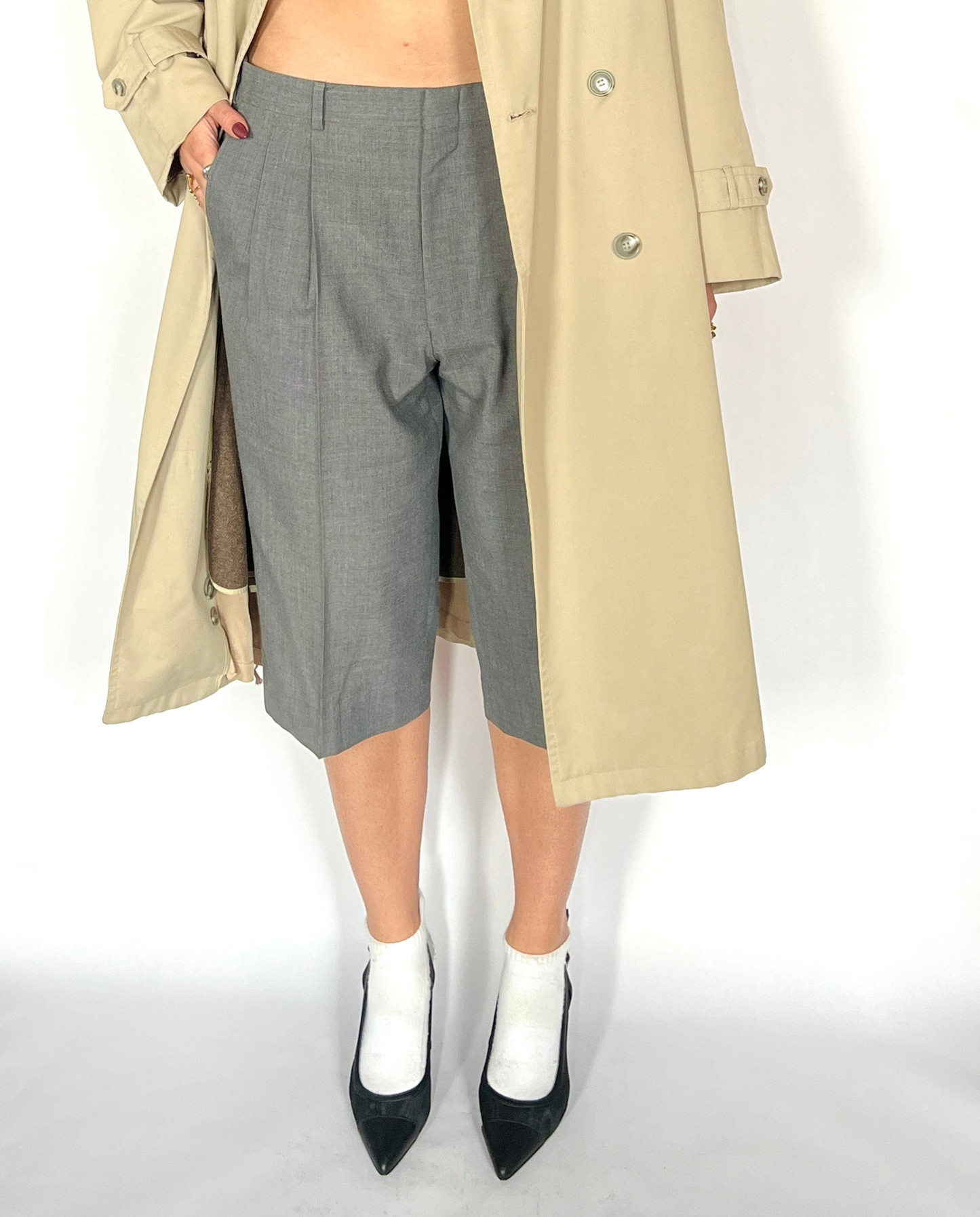 CUSTOM VTG WOOL PLEATED LONG SHORTS, RAIN