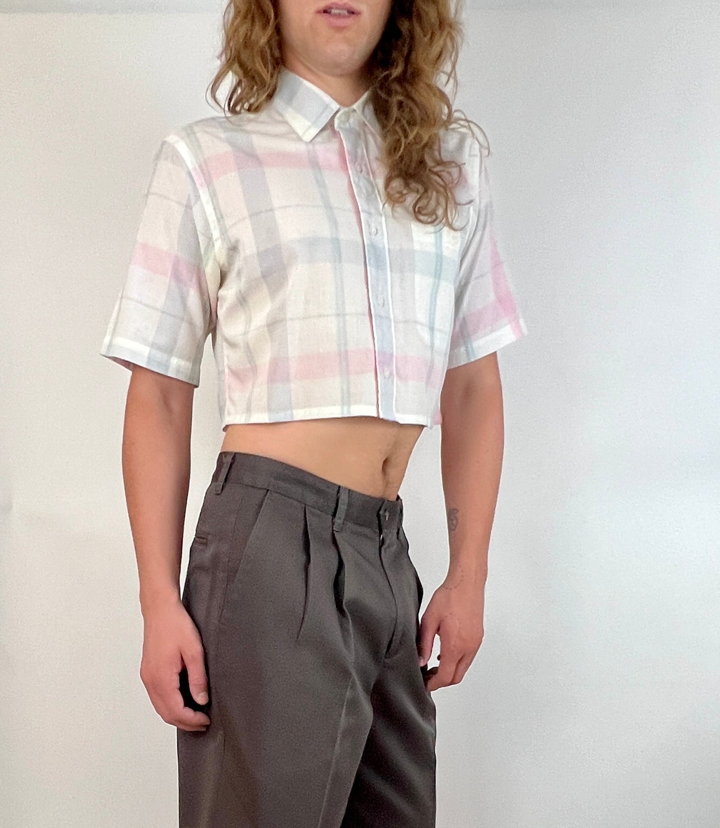 CUSTOM VTG CHRISTIAN DIOR OXFORD, SS PINK/GREY PLAID.  CROPPED