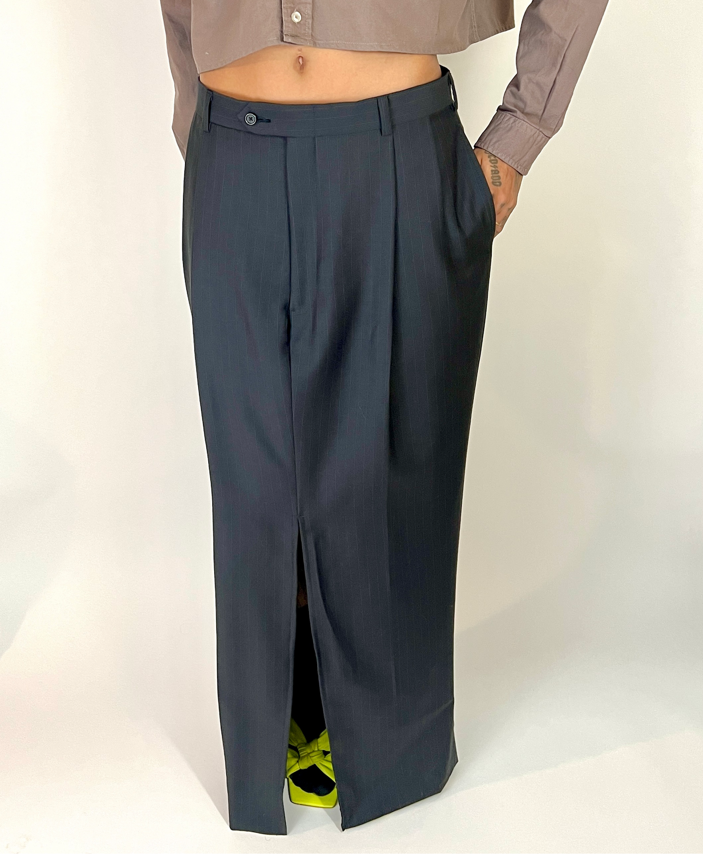 CUSTOM VTG WOOL TROUSER MAXI SKIRT, DEEP GRAY PINSTRIPE