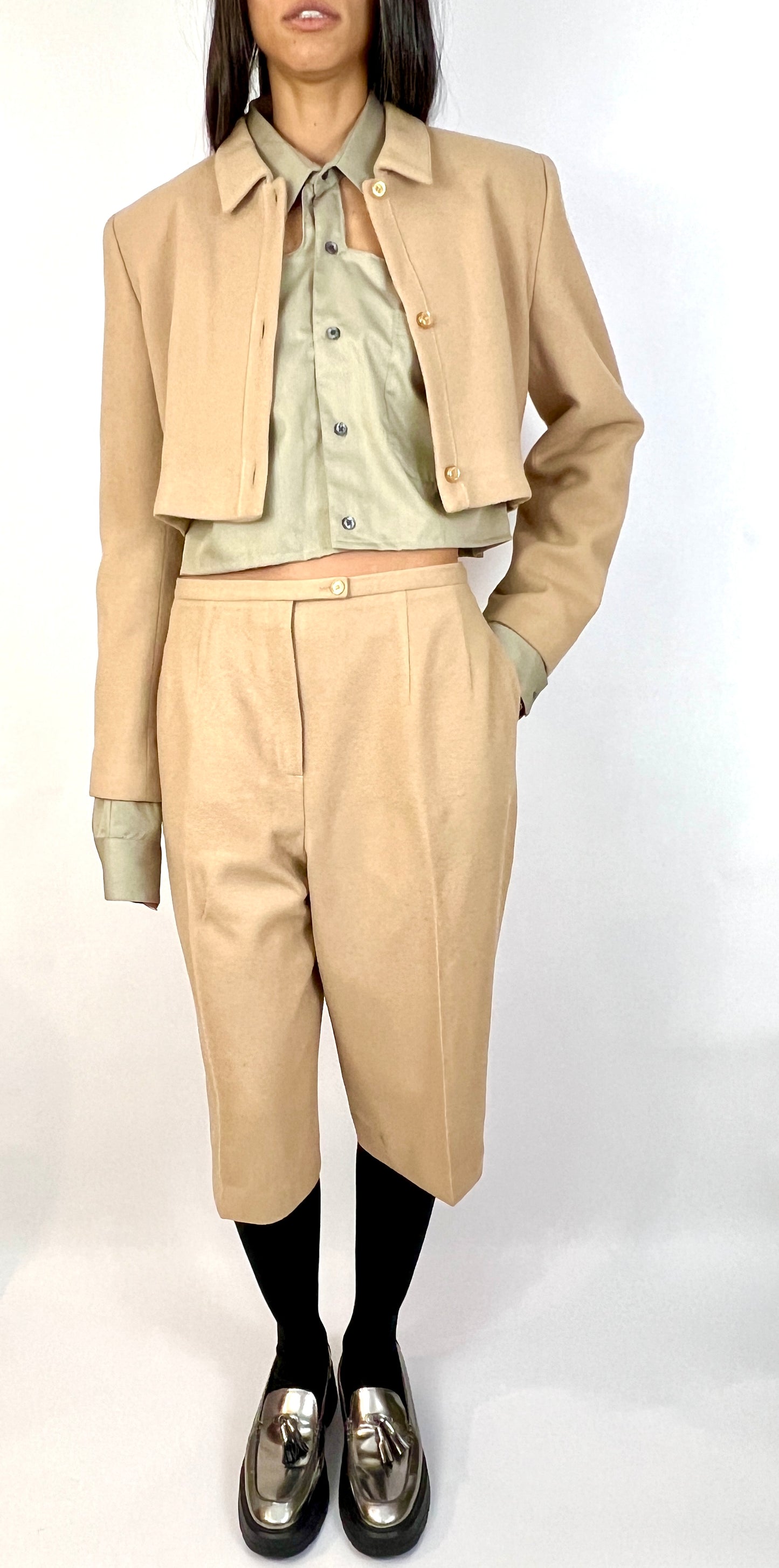 CUSTOM VTG CAMEL HAIR BOXY SUIT, CROPPED, LONG SHORTS. TRADITIONAL