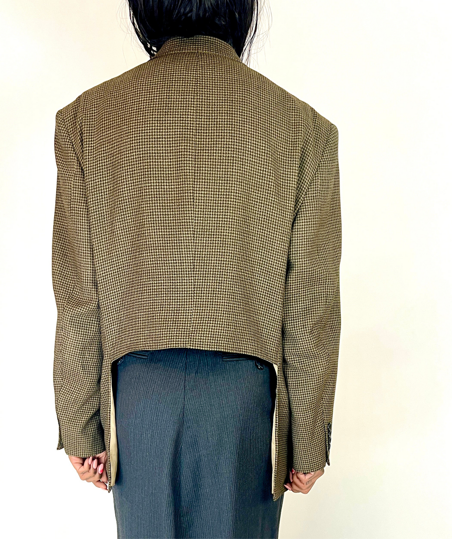 CUSTOM VTG OSCAR DE LA RENTA BLAZER, CROPPED BACK. EARTH TONE HOUNDSTOOTH