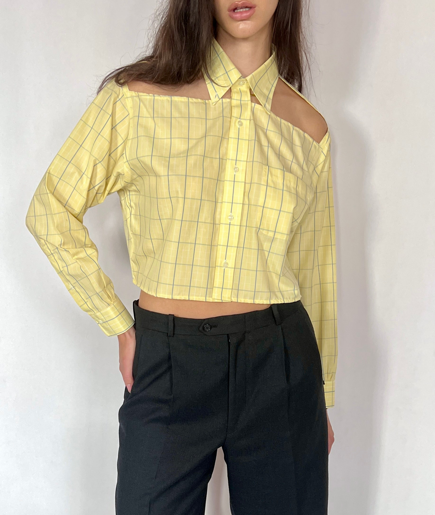 CUSTOM VTG COTTON OXFORD, FOLIAGE.  CROPPED, CUT-OUT COLLAR