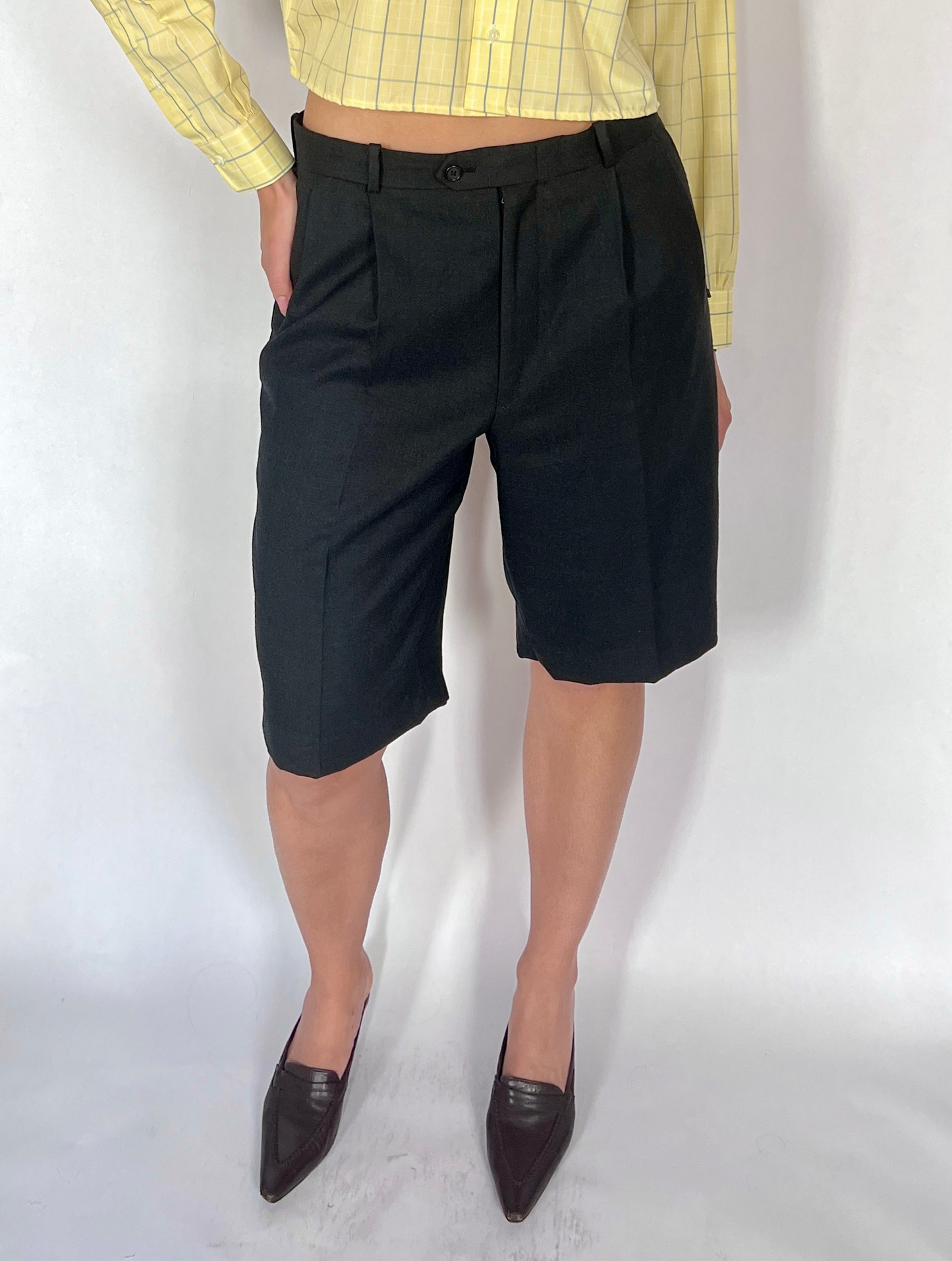 CUSTOM VTG WOOL PLEATED LONG SHORTS, CHAR