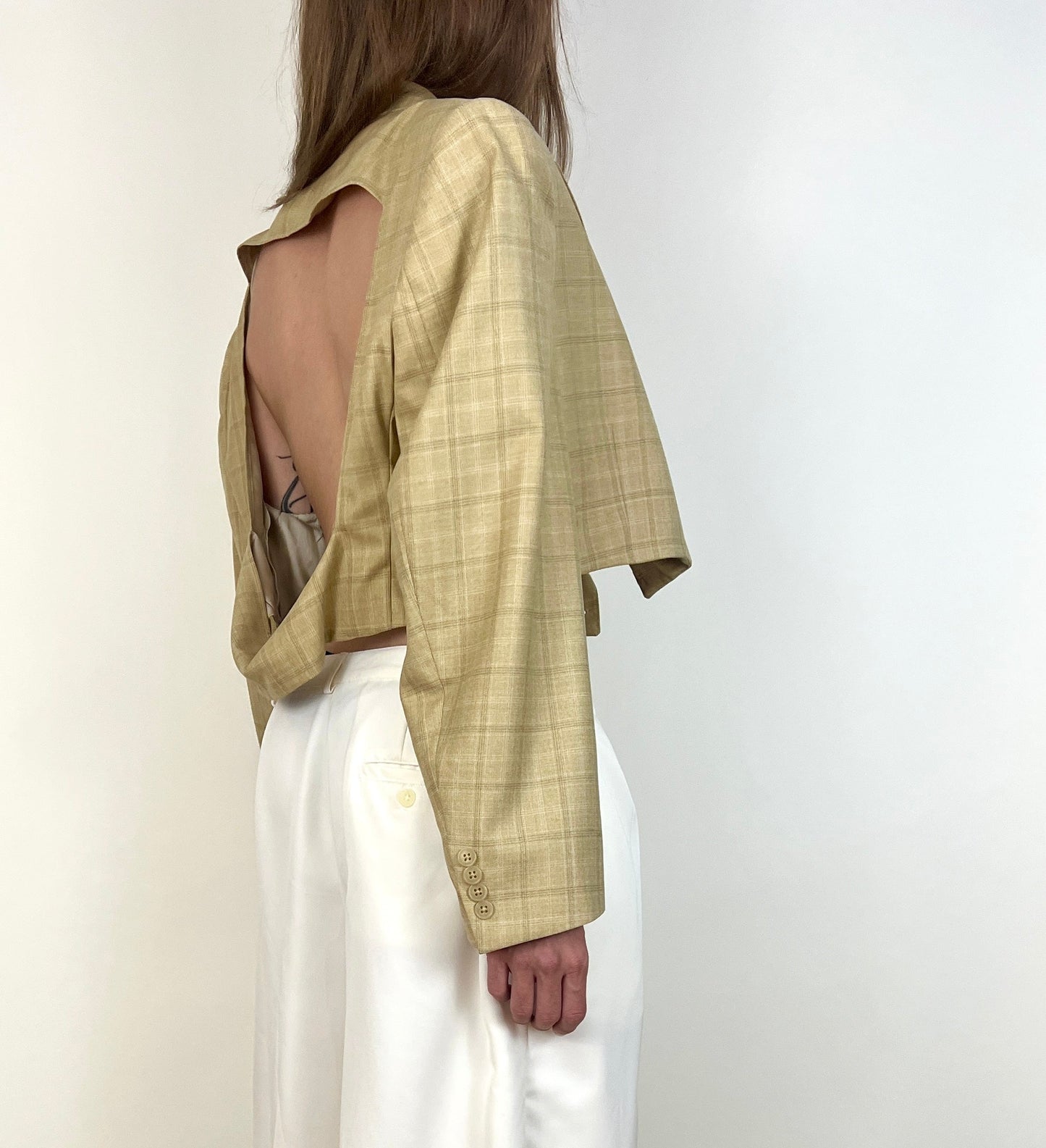 CUSTOM VTG COTTON BLAZER, BEIGE PLAID. OPEN BACK, CROPPED