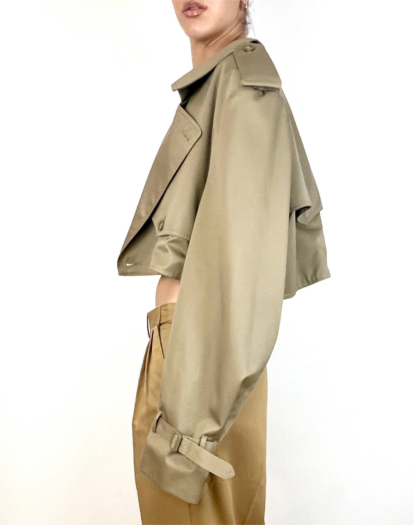 CUSTOM VTG OVERSIZED TRENCH, CROPPED JACKET. SAGE