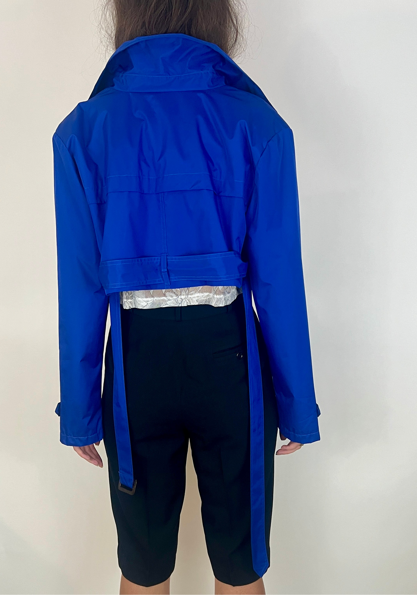 CUSTOM VTG OVERSIZED TRENCH, CROPPED JACKET. LAPIS