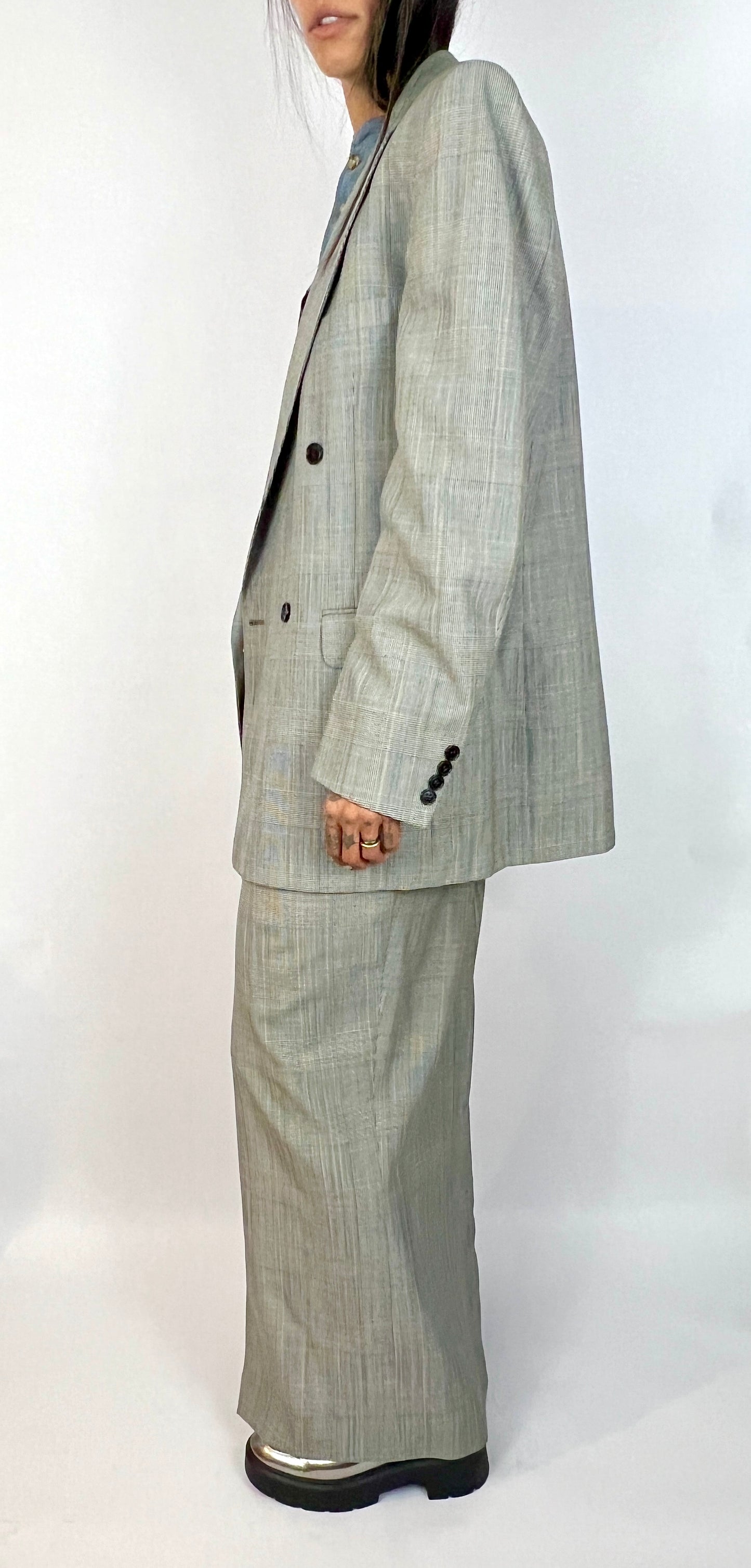 CUSTOM VTG WOOL BOXY SUIT, TROUSER MAXI. MICRO HOUNDSTOOTH PLAID