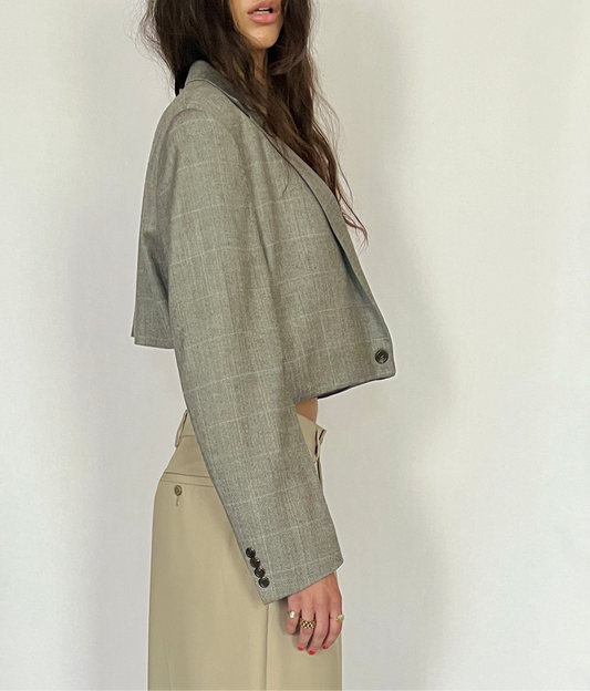 CUSTOM VTG SILK & WOOL OVERSIZED BLAZER, GRAY PLAID.  CROPPED, HIGH BACK