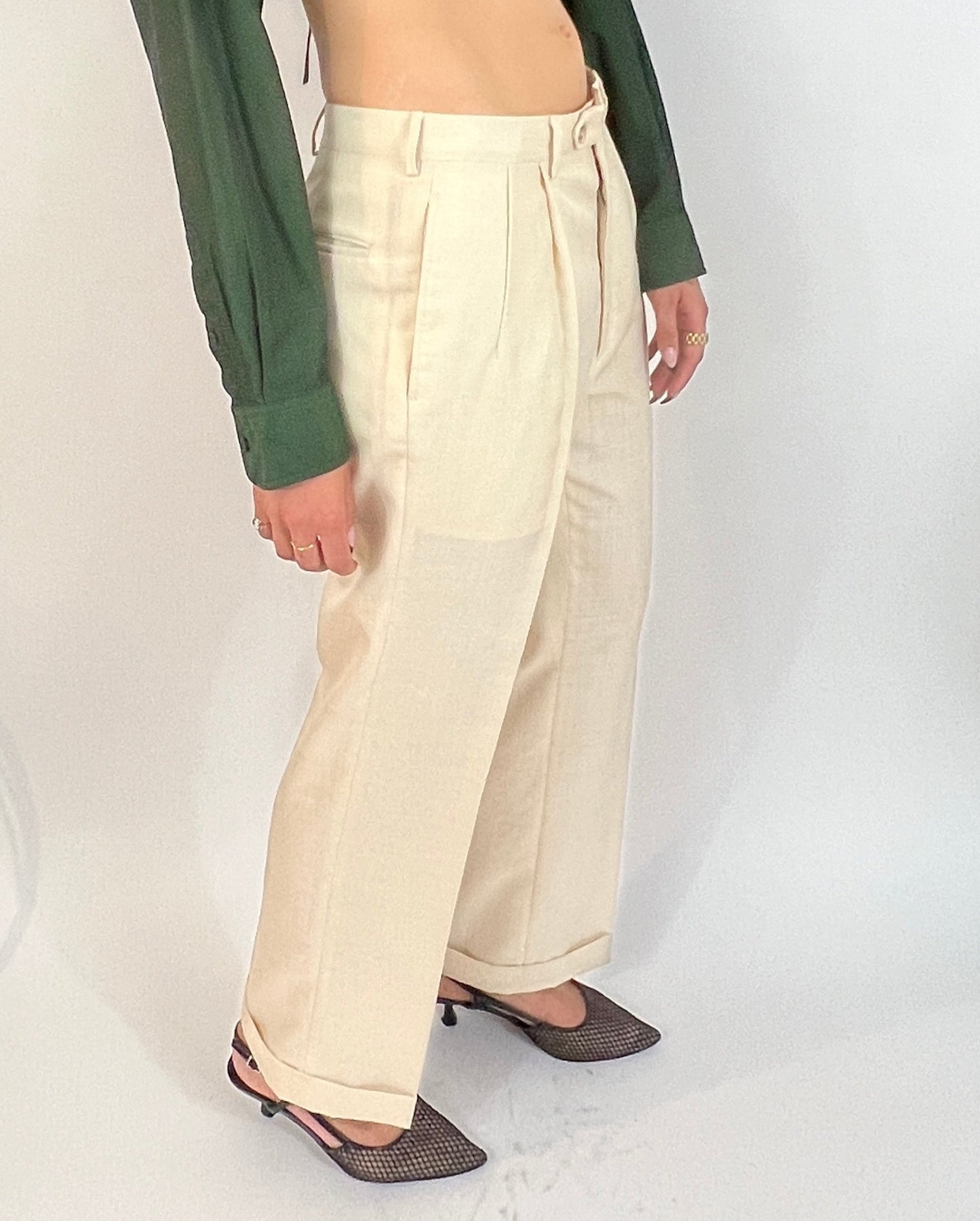 LINEN WIDE LEG PLEATED TROUSERS, EGGSHELL