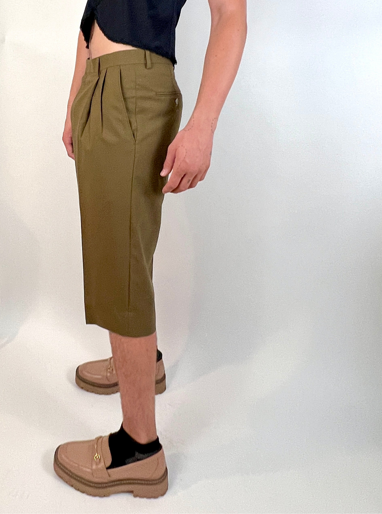 CUSTOM VTG COTTON WIDE LEG LONG SHORTS, KELP