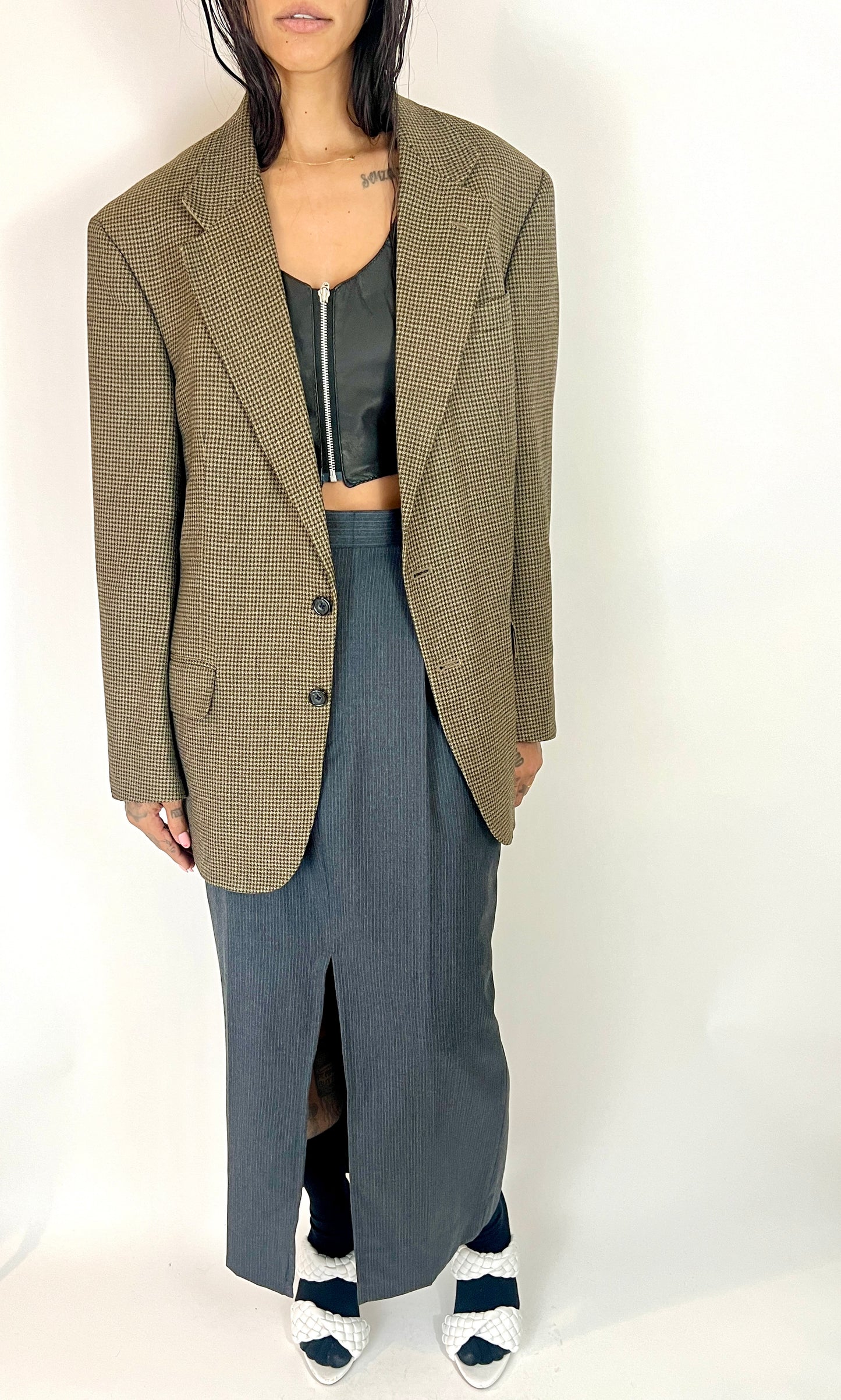 CUSTOM VTG OSCAR DE LA RENTA BLAZER, CROPPED BACK. EARTH TONE HOUNDSTOOTH