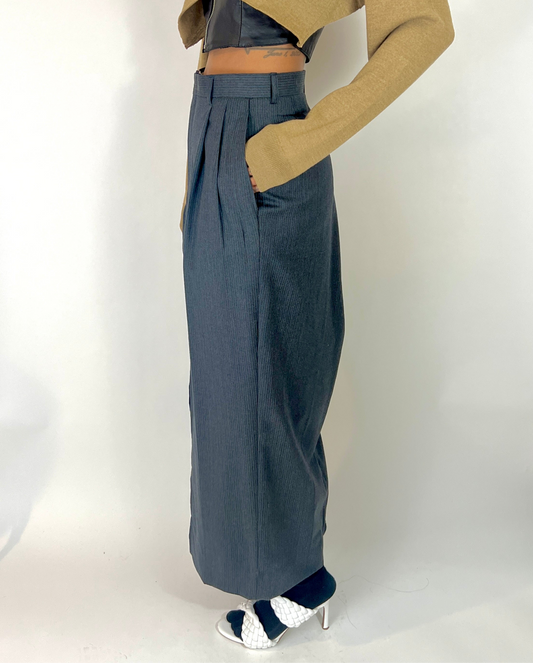 CUSTOM VTG WOOL TROUSER MAXI SKIRT, CHARCOAL NARROW STRIPE