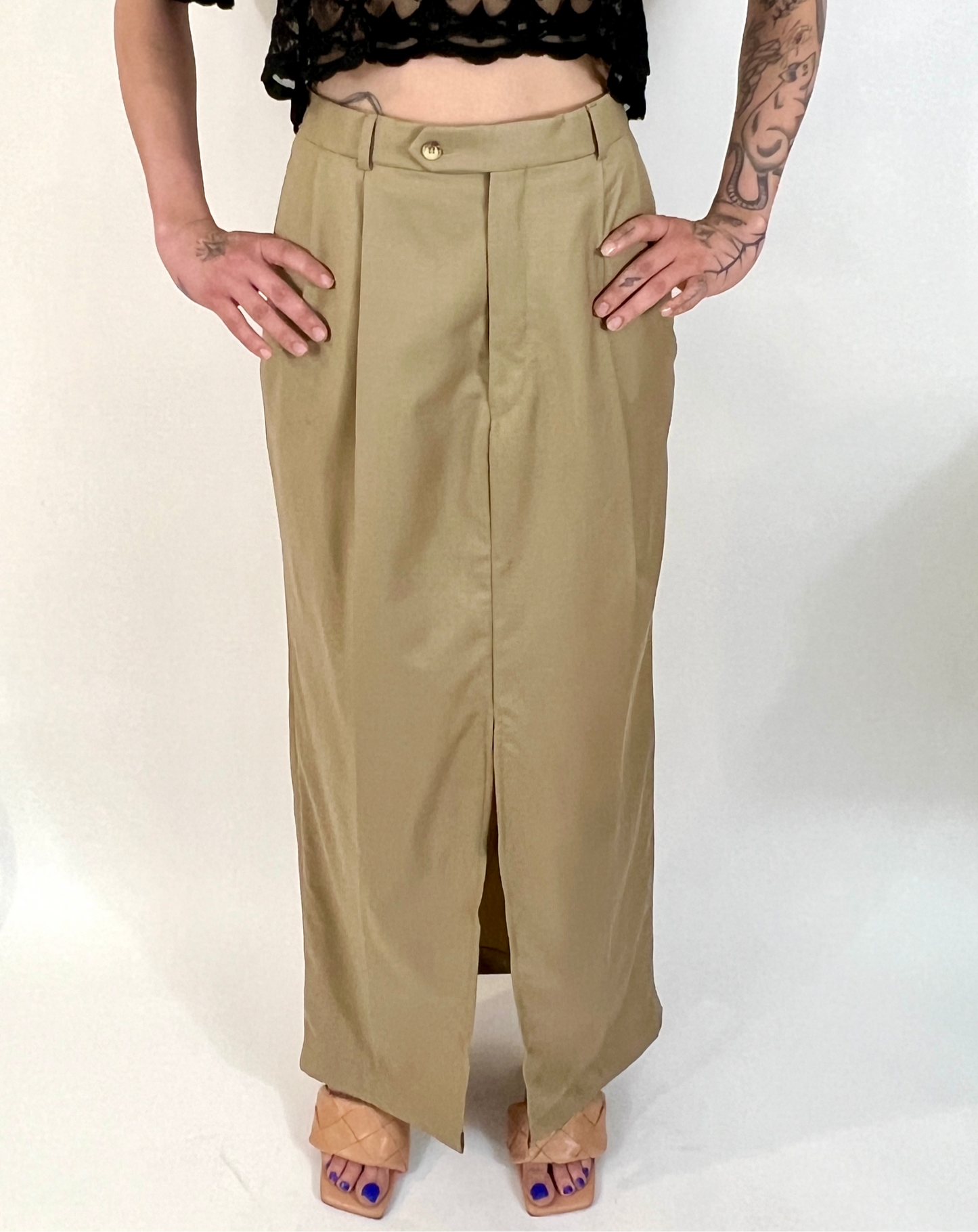 CUSTOM VTG COTTON TROUSER MAXI SKIRT, SAND