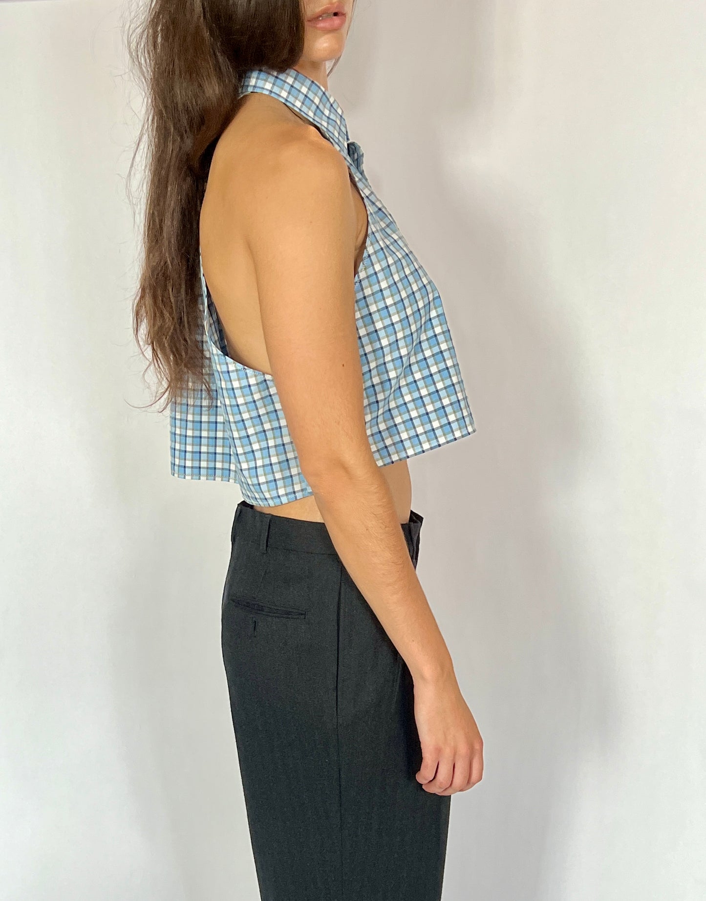 CUSTOM VTG COTTON OXFORD, BLUE PLAID.  CROPPED, ONE SHOULDER.