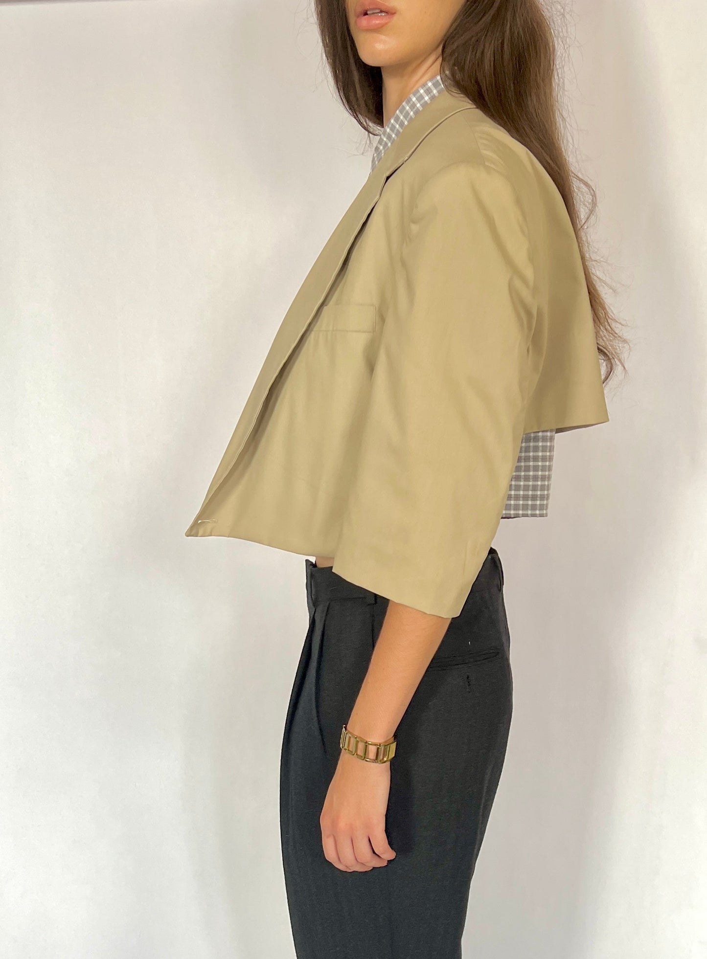 CUSTOM VTG COTTON OVERSIZED BLAZER, MUD.  CROPPED, HIGH BACK.