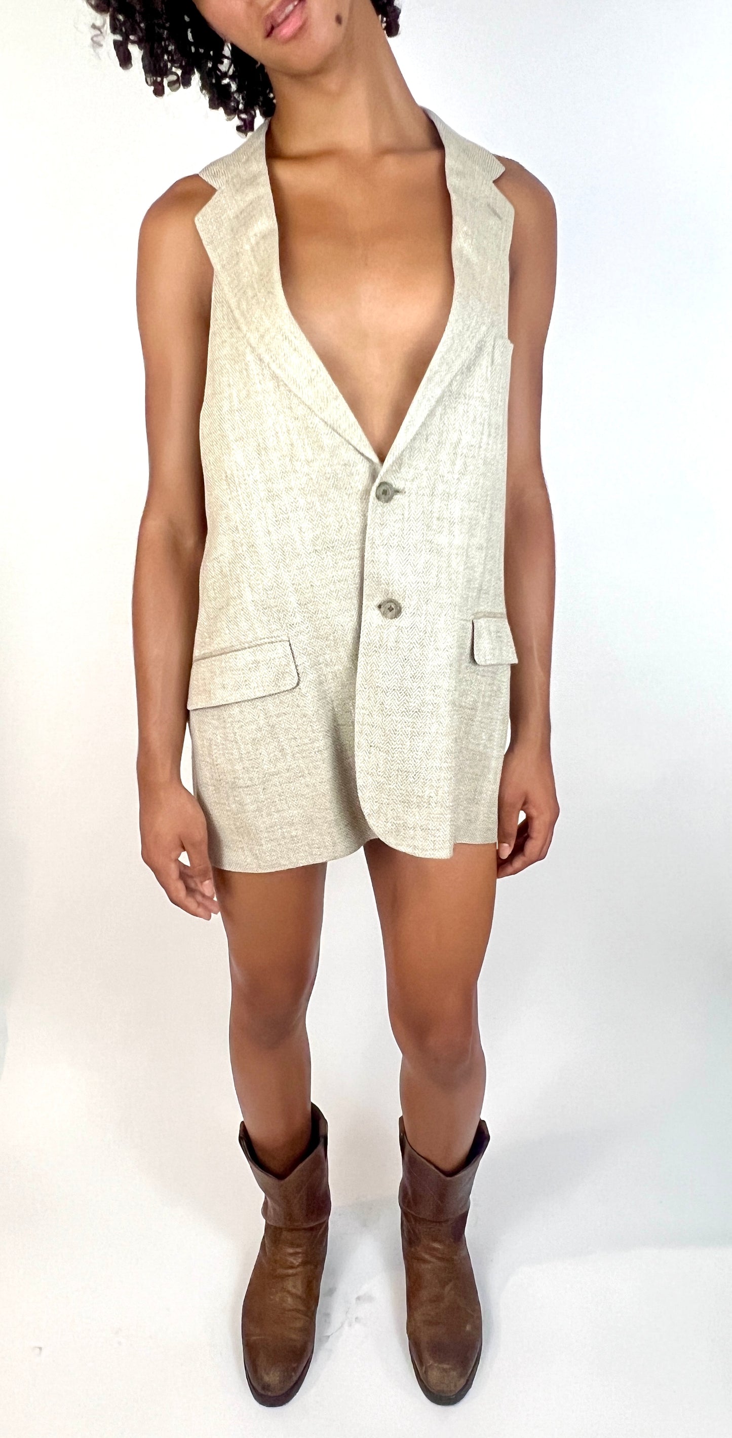 CUSTOM VTG SILK OVERSIZED VEST, DRESS, BEIGE CHEVRON WEAVE