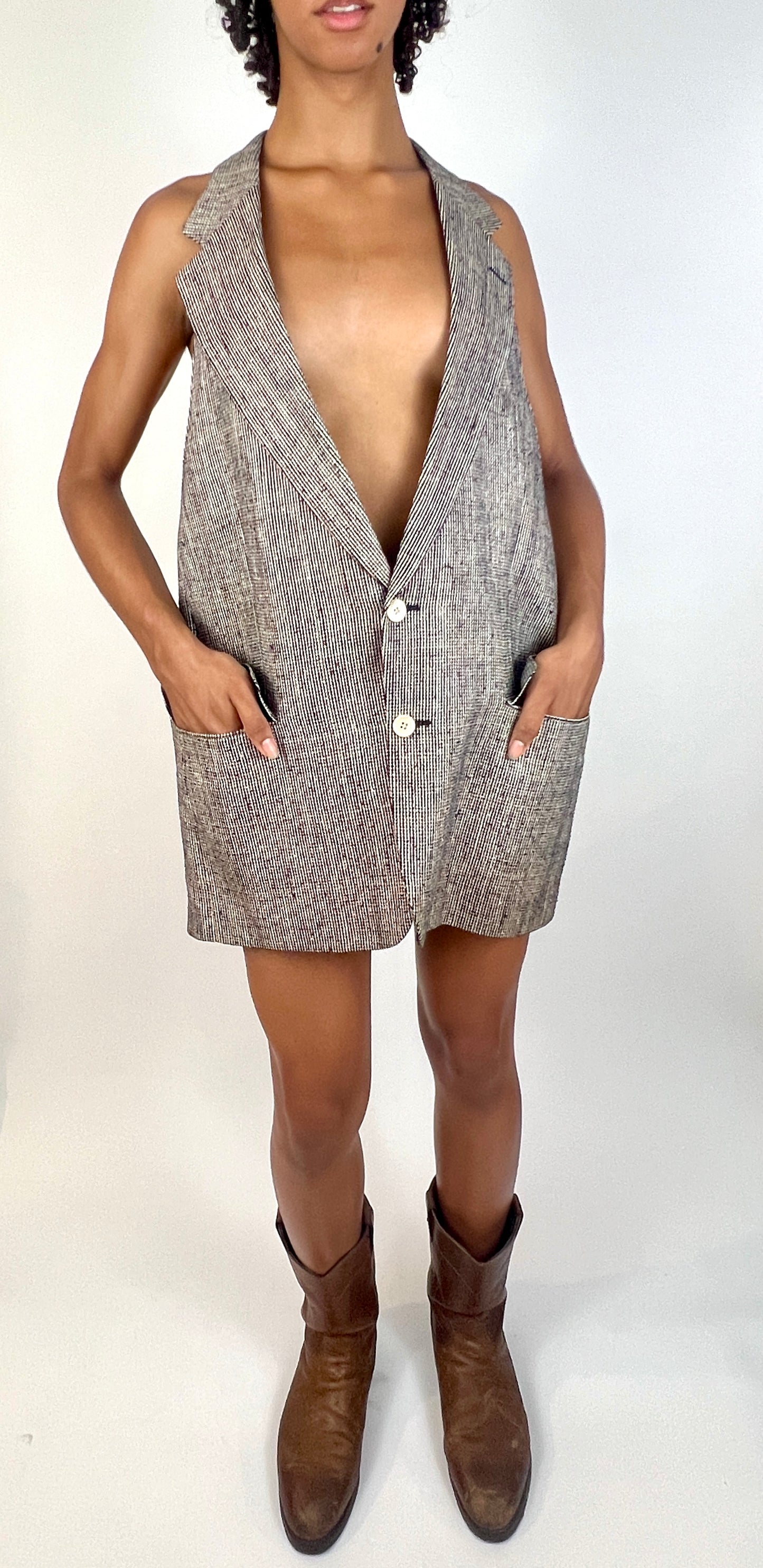 CUSTOM VTG RAW SILK OVERSIZED VEST DRESS, MULTI WEAVE